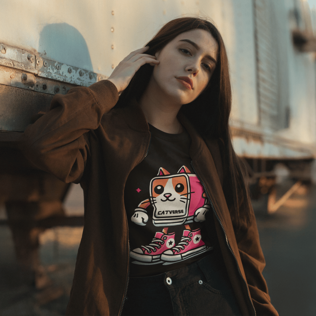 girl wearing cat themed tee, cat shirts for women