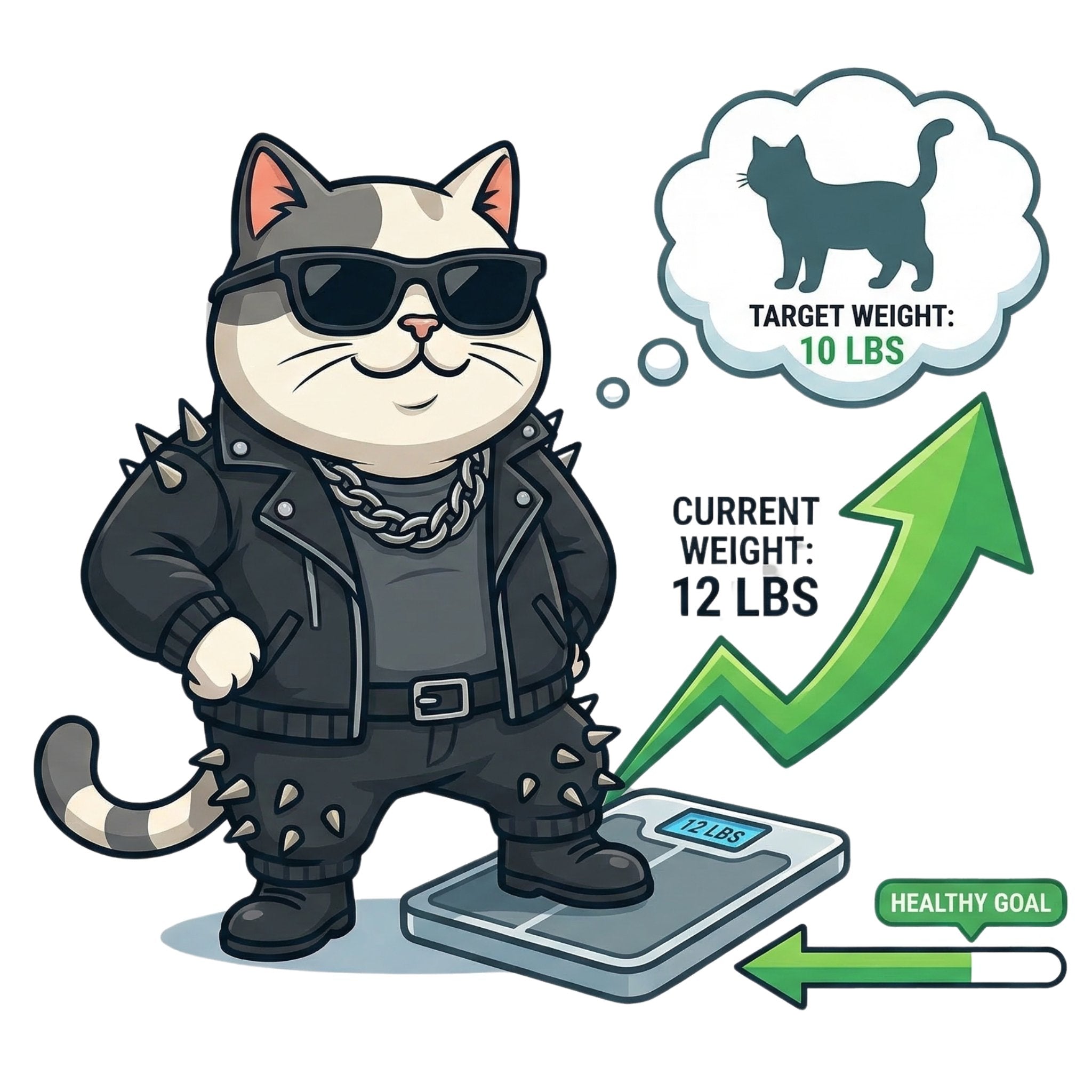 illustration of a cat standing on a scale with current weight 12 lbs and target weight 10 lbs for a healthy cat weight guide by breed, age, and body condition