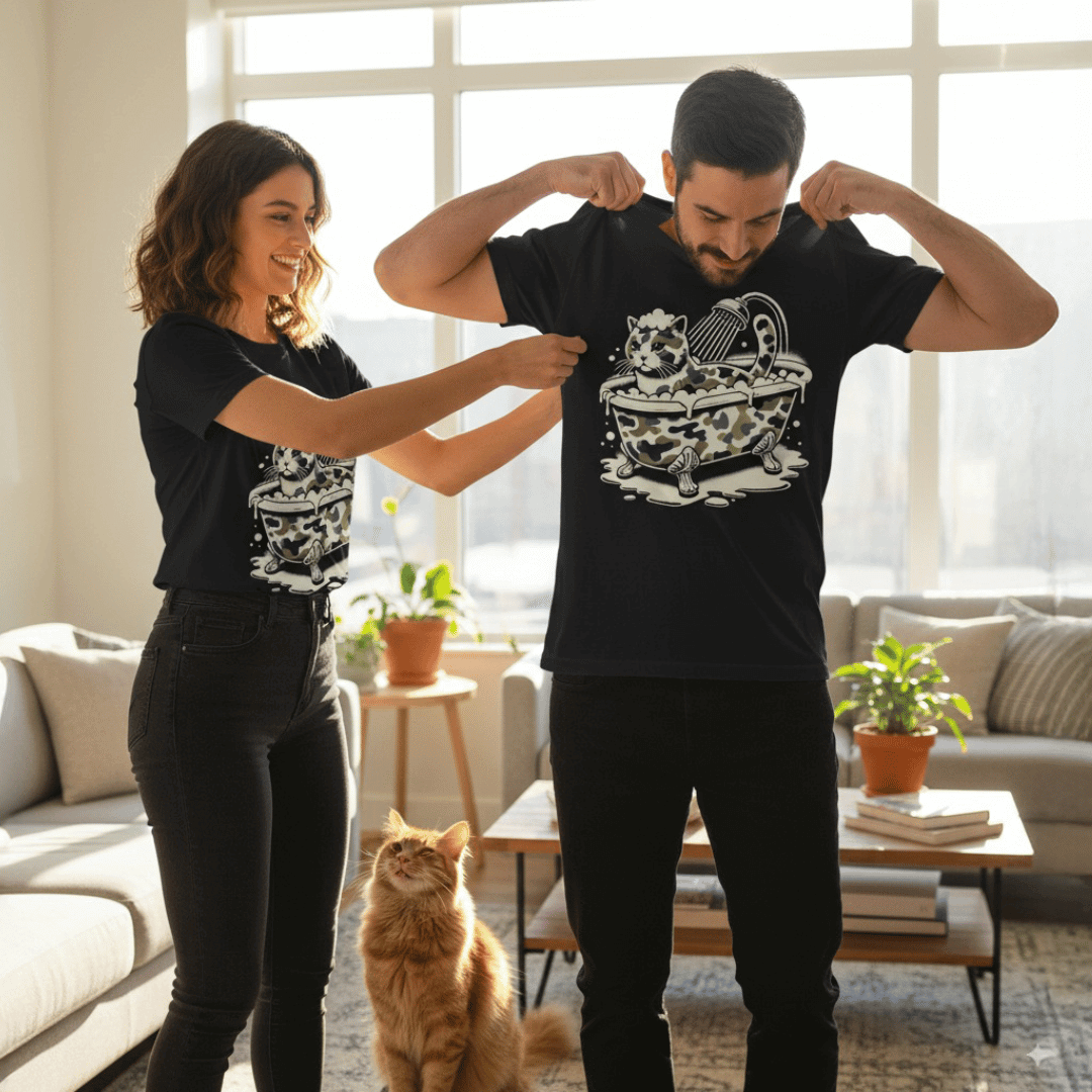 Funny Last-Minute Things to Get Cat Lovers, man and woman wearing cat parody t shirts