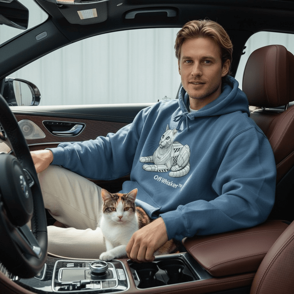 Lifestyle photo of cat hoodie for men, oversized heavyweight fit, model in luxury car with cat