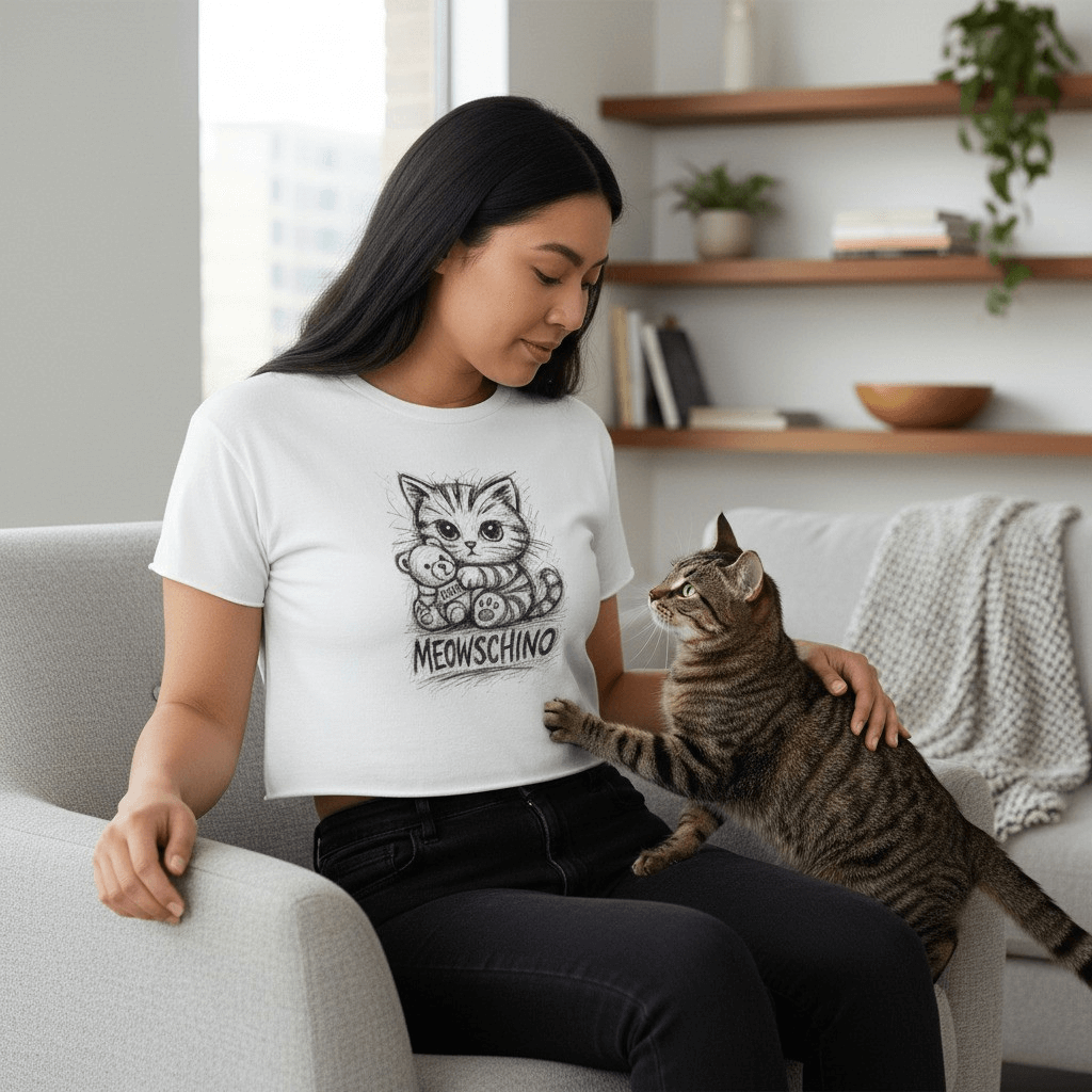Woman wearing white crop top playing with tabby cat in a modern living room