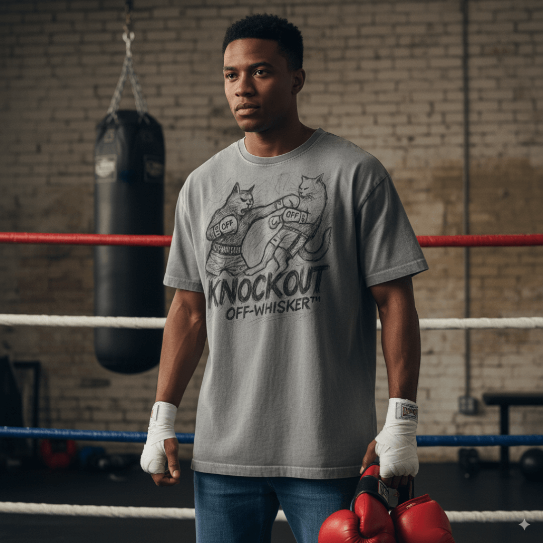 Man in gray oversized washed cat shirt in boxing gym, styled for cat shirts for guys