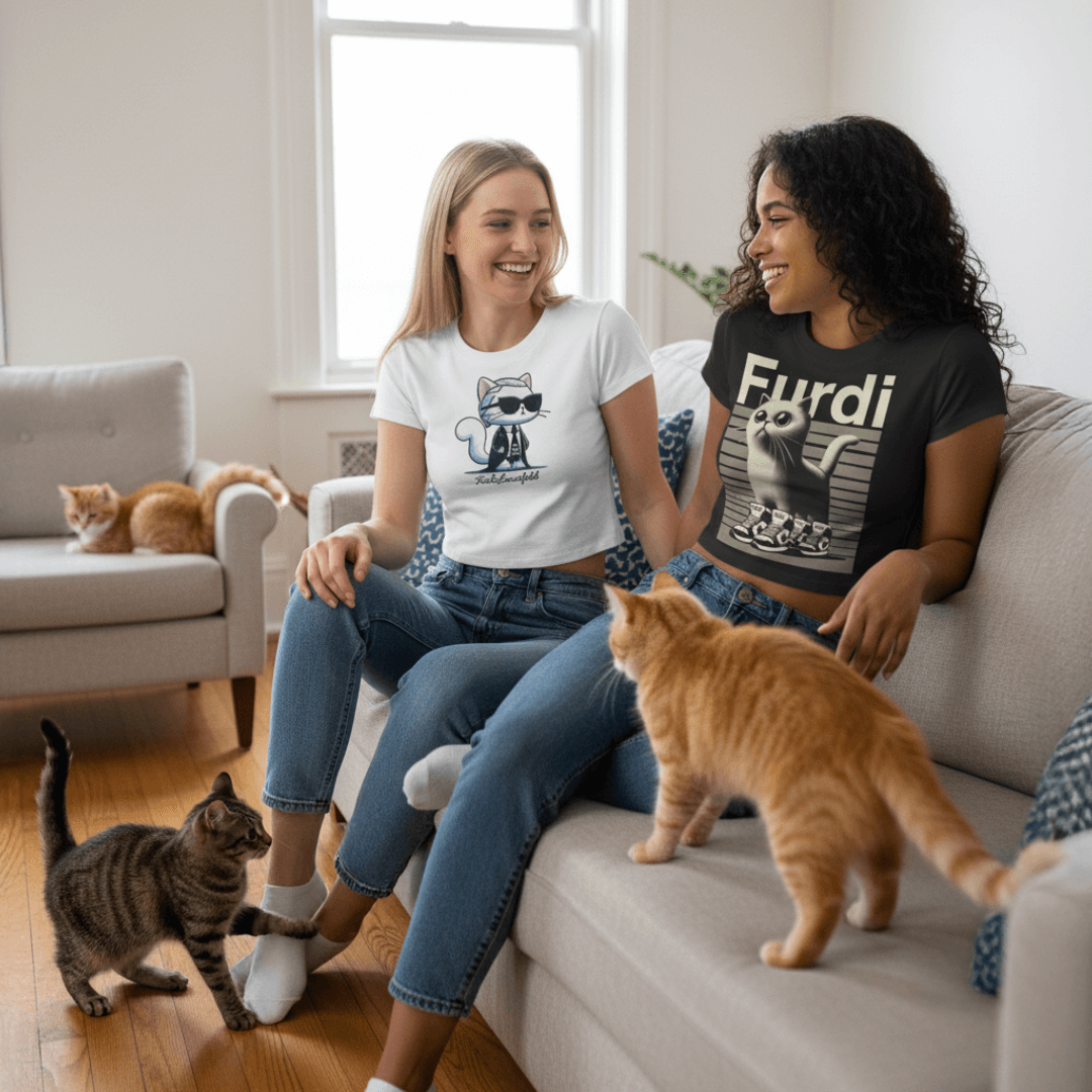 Models wearing Cat Graphic Womens Baby Tee styles from Mad Cat Cartel sitting with cats