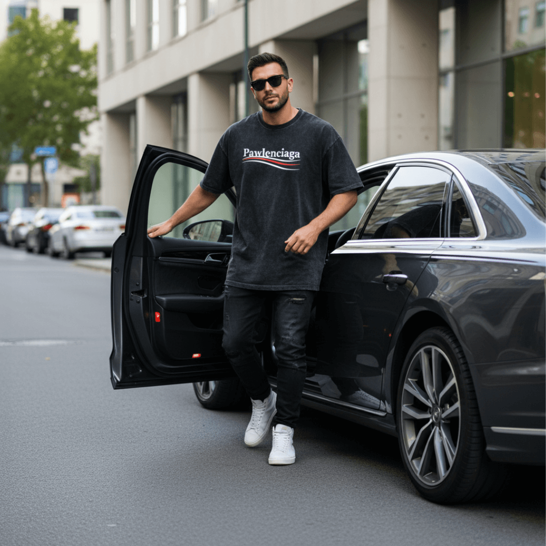 Man wearing Pawlenciaga oversized cat-themed parody t shirt stepping out of Audi A8 on city street – designer parody brand fashion for cat lovers