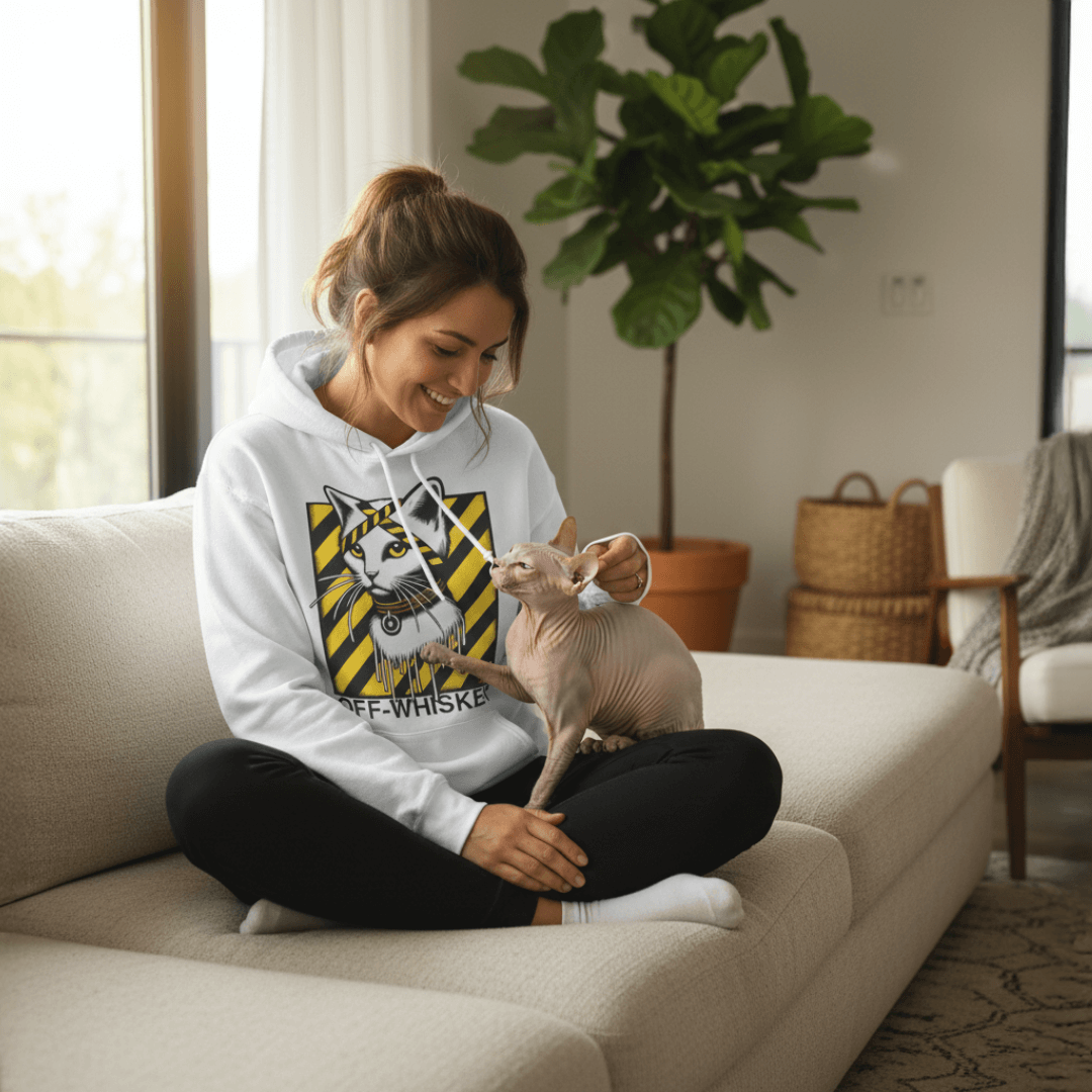 Woman sitting on couch wearing Off-Whisker designer parody hoodie, playing with her sphynx cat, designer parody hoodies for cat lovers