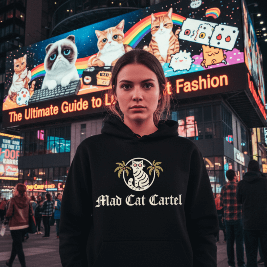 Woman model wearing Mad Cat Cartel hoodie in front of neon cat billboard in Times Square representing The Ultimate Guide to Luxury Cat Fashion
