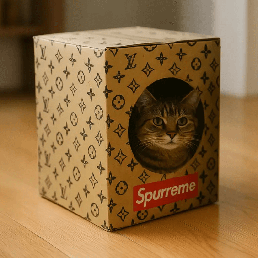 finished Spurreme cat box with designer monogram pattern and red logo – handmade cat house