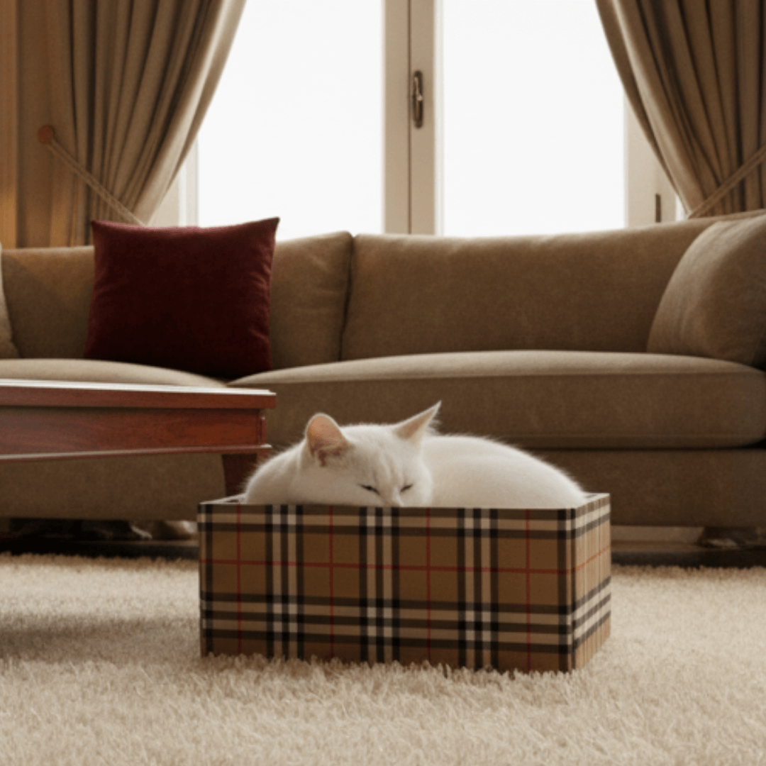 plaid cat bed designer parody by Mad Cat Cartel — white cat lounging in designer-style Purrberry box bed