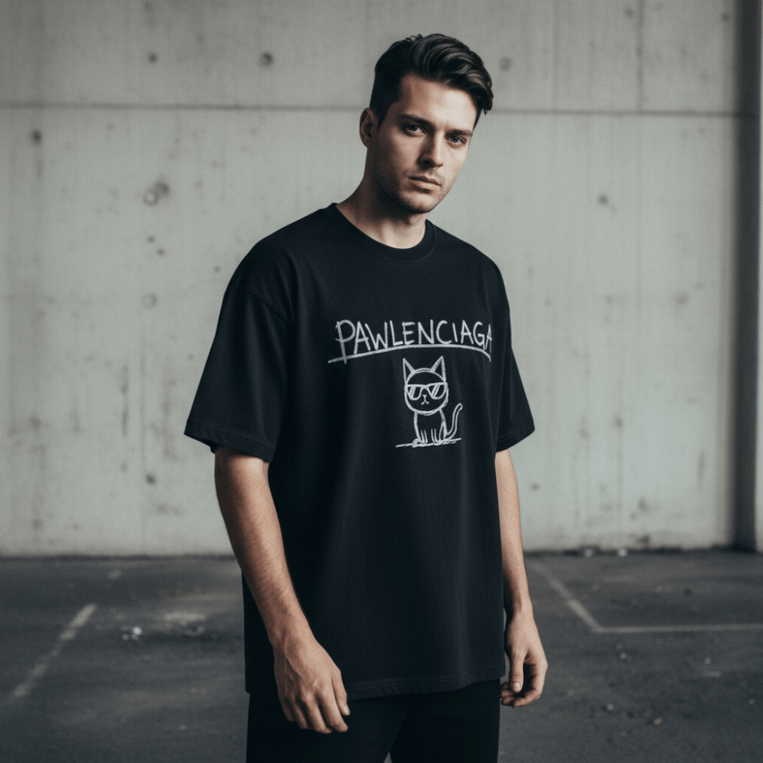 Make model wearing black Pawlaenciaga parody T-shirt by Md Cat Cartel, DIY designer tee for cat lovers