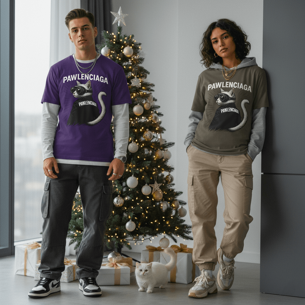 models wearing Pawlenciaga designer parody clothes with a white cat beside a Christmas tree, Mad Cat Cartel streetwear for cat lovers