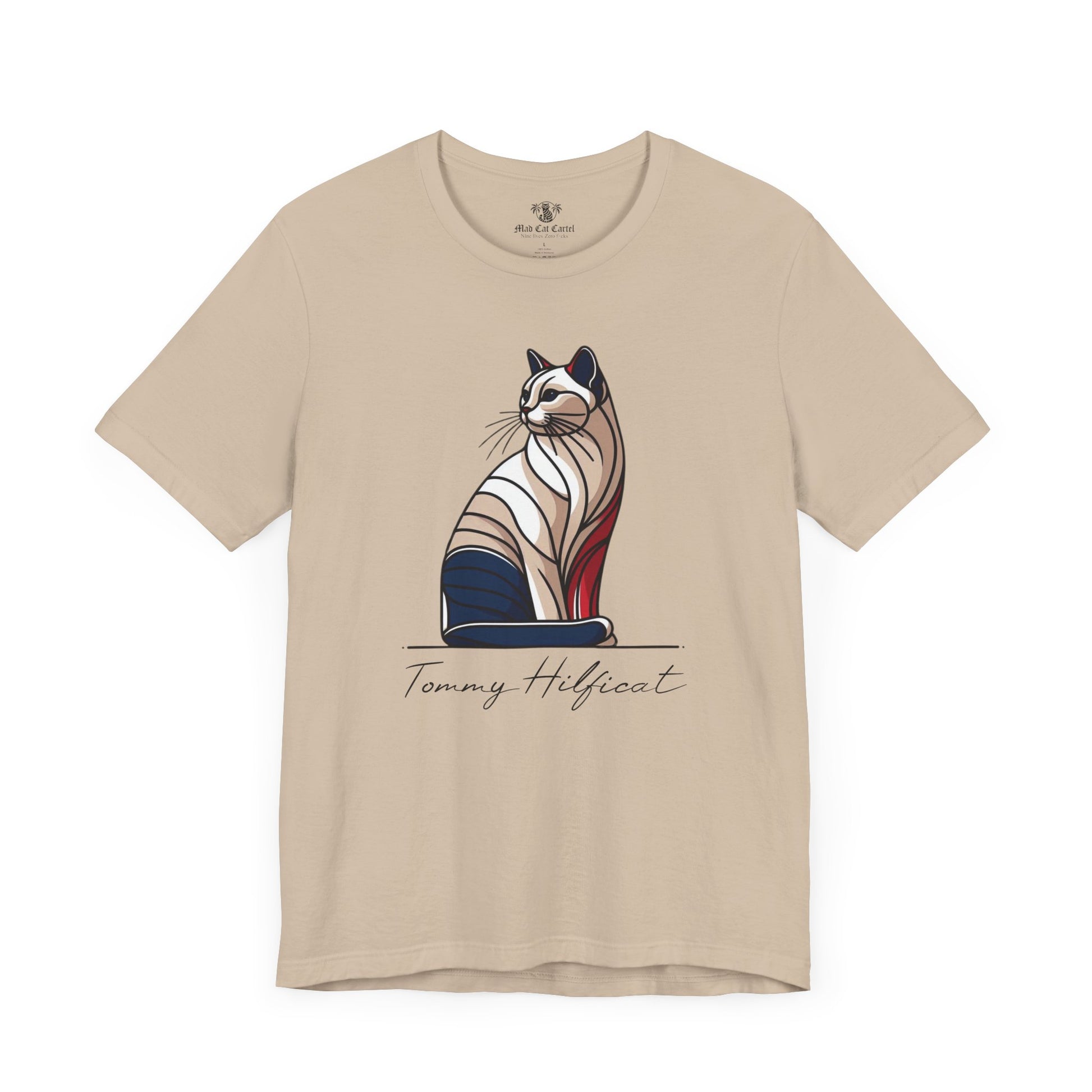 Tan Tommy Hilficat Regal Outline Cat Graphic T Shirt flat lay front