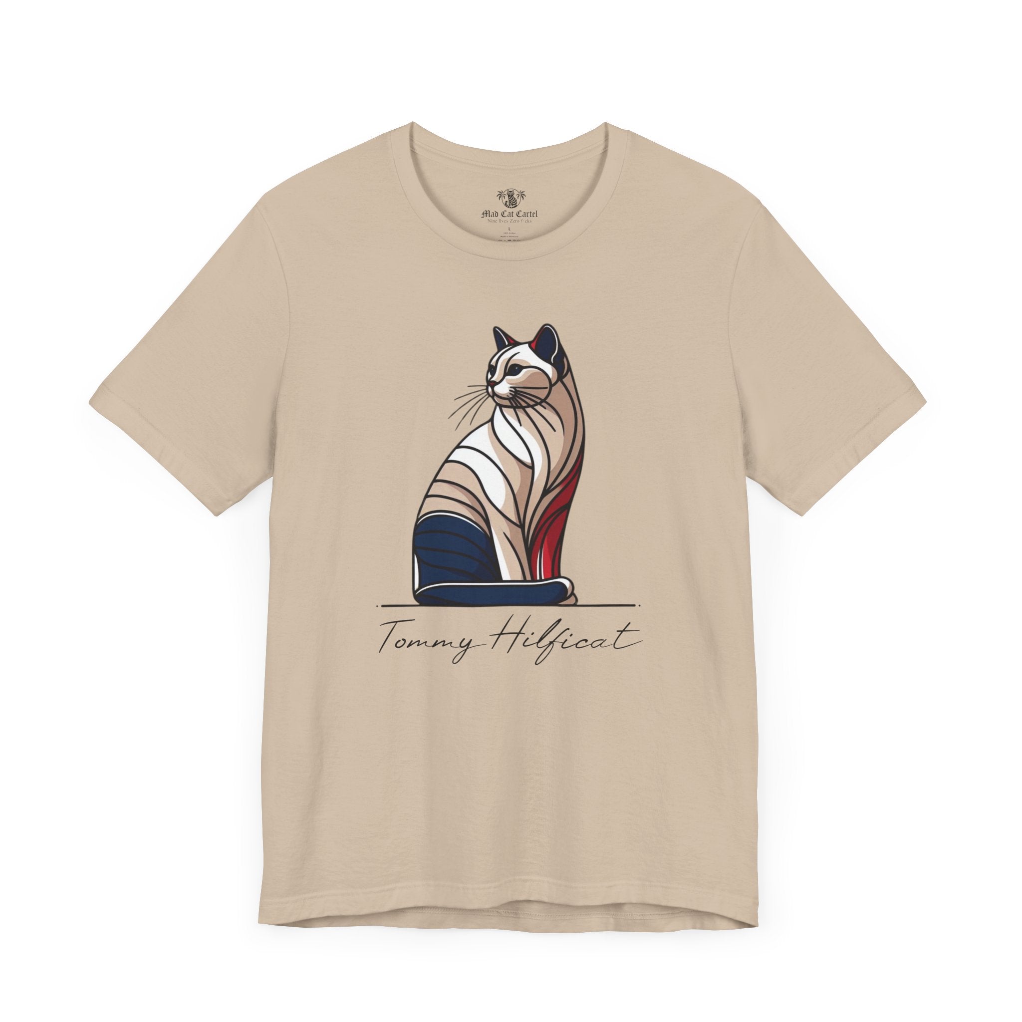 Tan Tommy Hilficat Regal Outline Cat Graphic T Shirt flat lay front