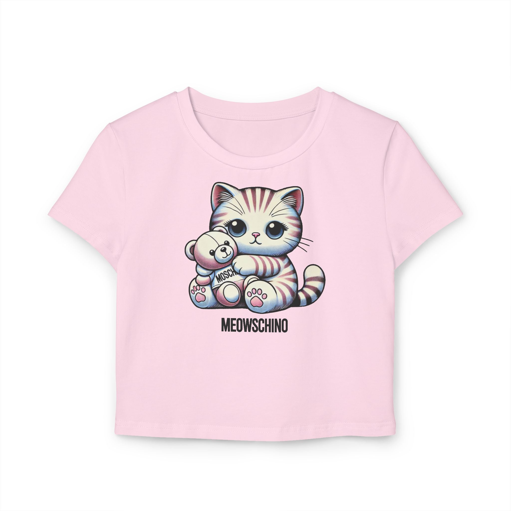 Light pink ladies baby tee front view with cat and teddy bear design