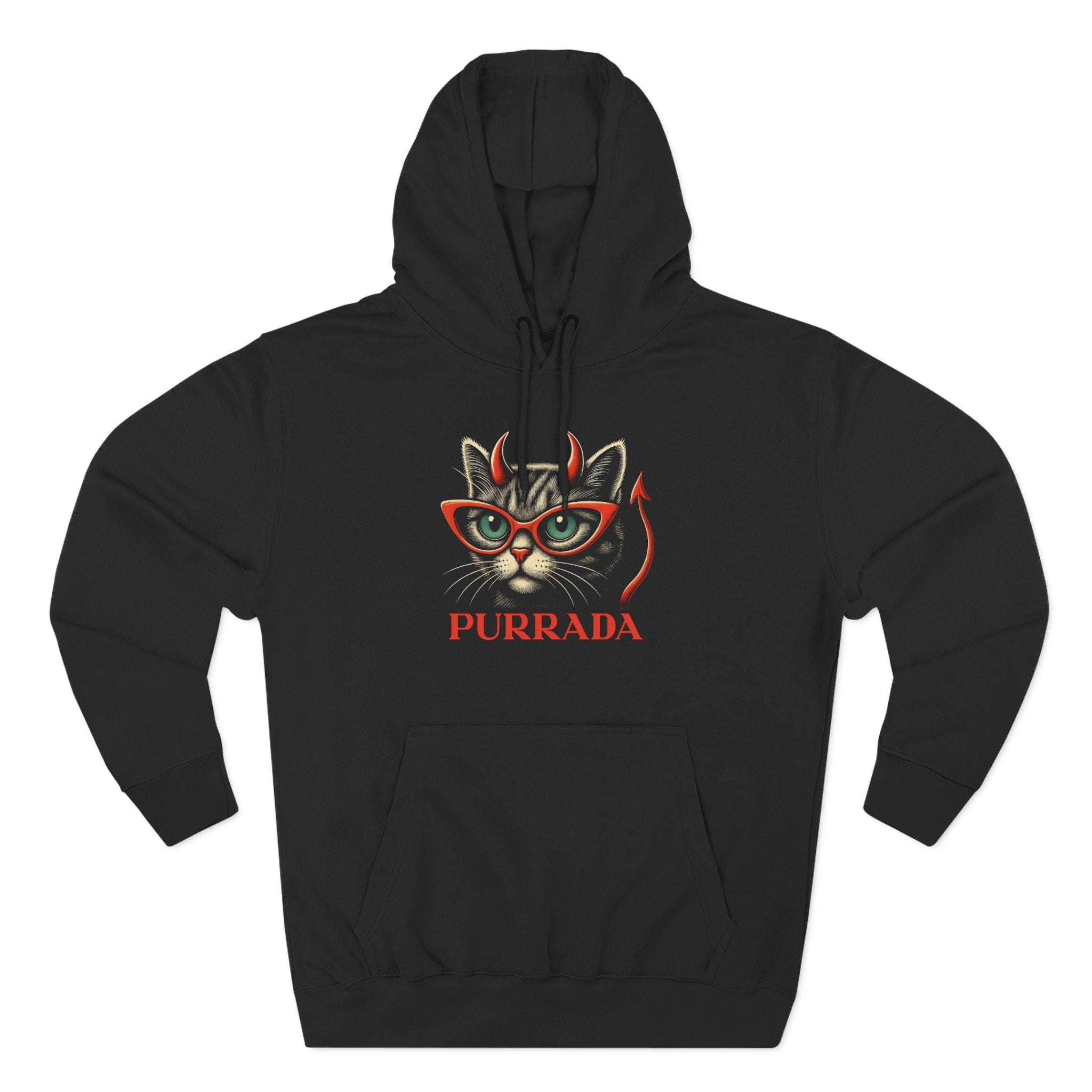Purrada Devil Cat Graphic Black Hoodie flat lay, cat themed clothing for humans