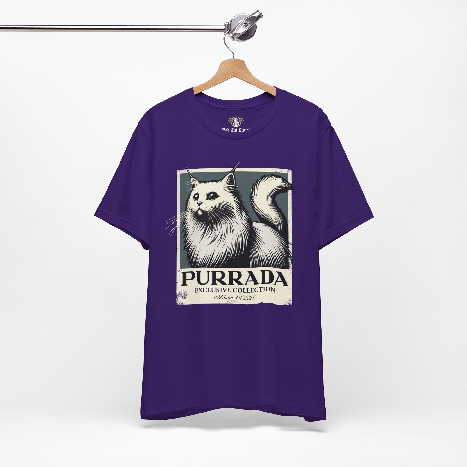 Team purple Purrada Exclusive Milano Cat Graphic T Shirt on hanger, graphic tees cats unisex