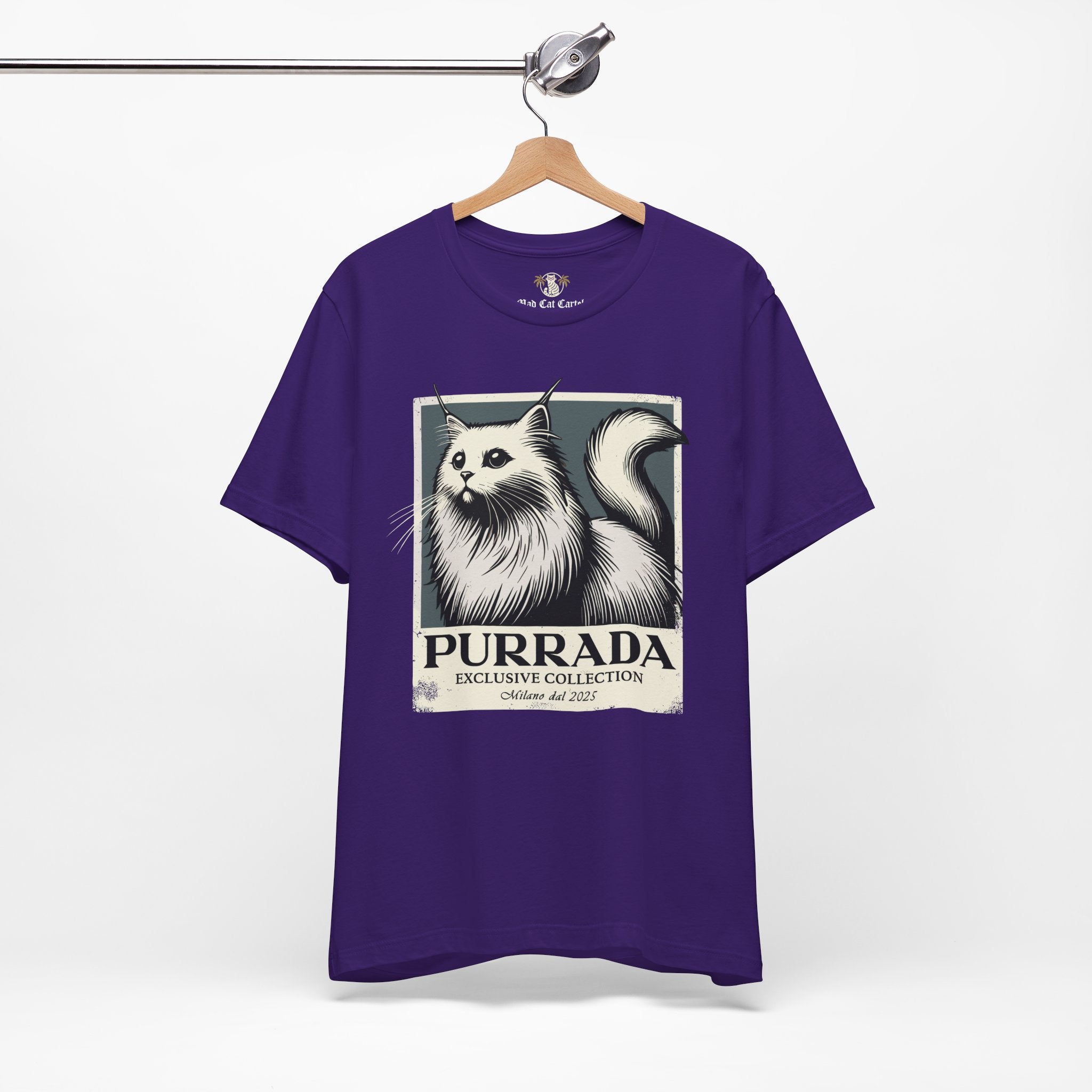 Team purple Purrada Exclusive Milano Cat Graphic T Shirt on hanger, graphic tees cats unisex