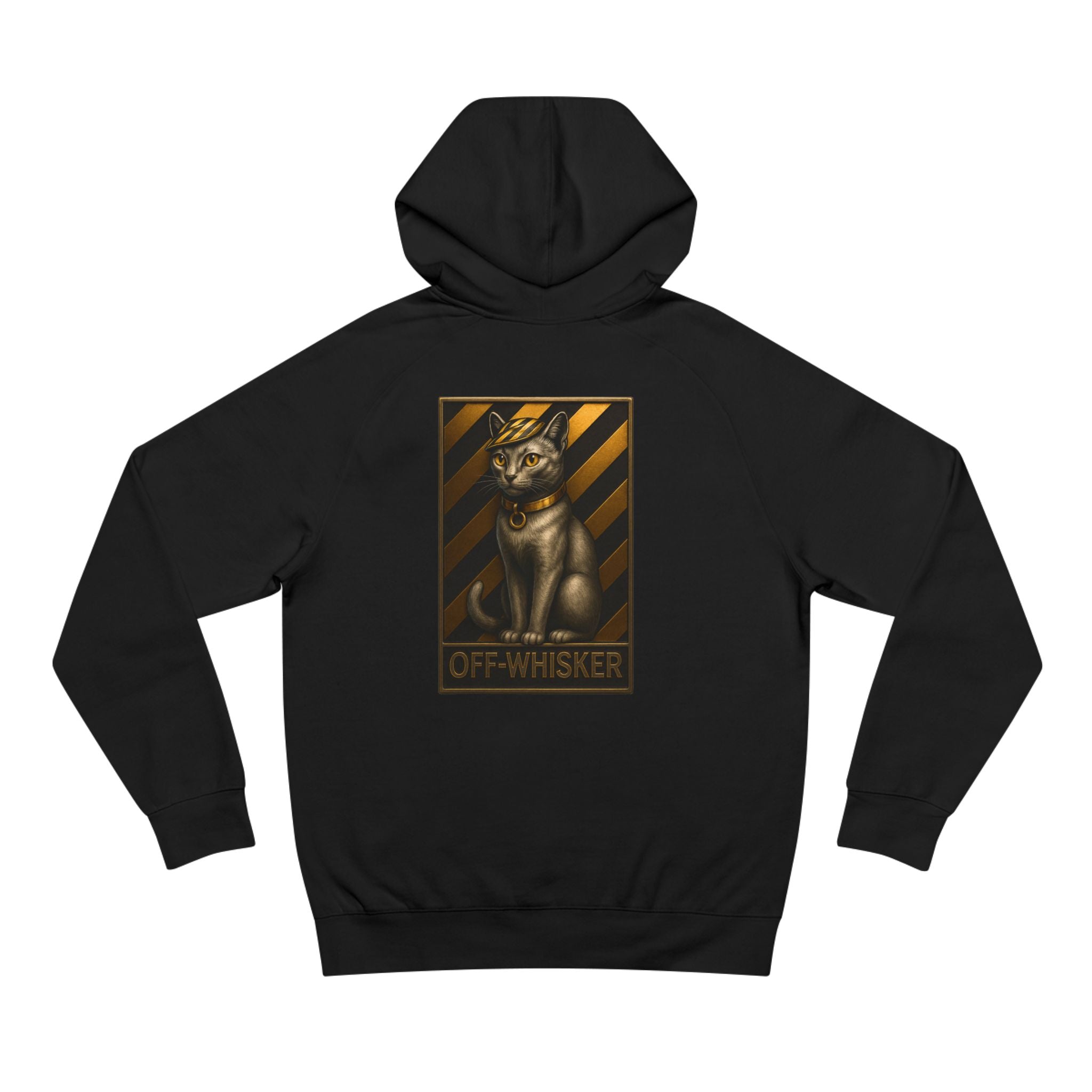 Back view of Off-Whisker bronze emblem black hoodie, cat hoodie for woman
