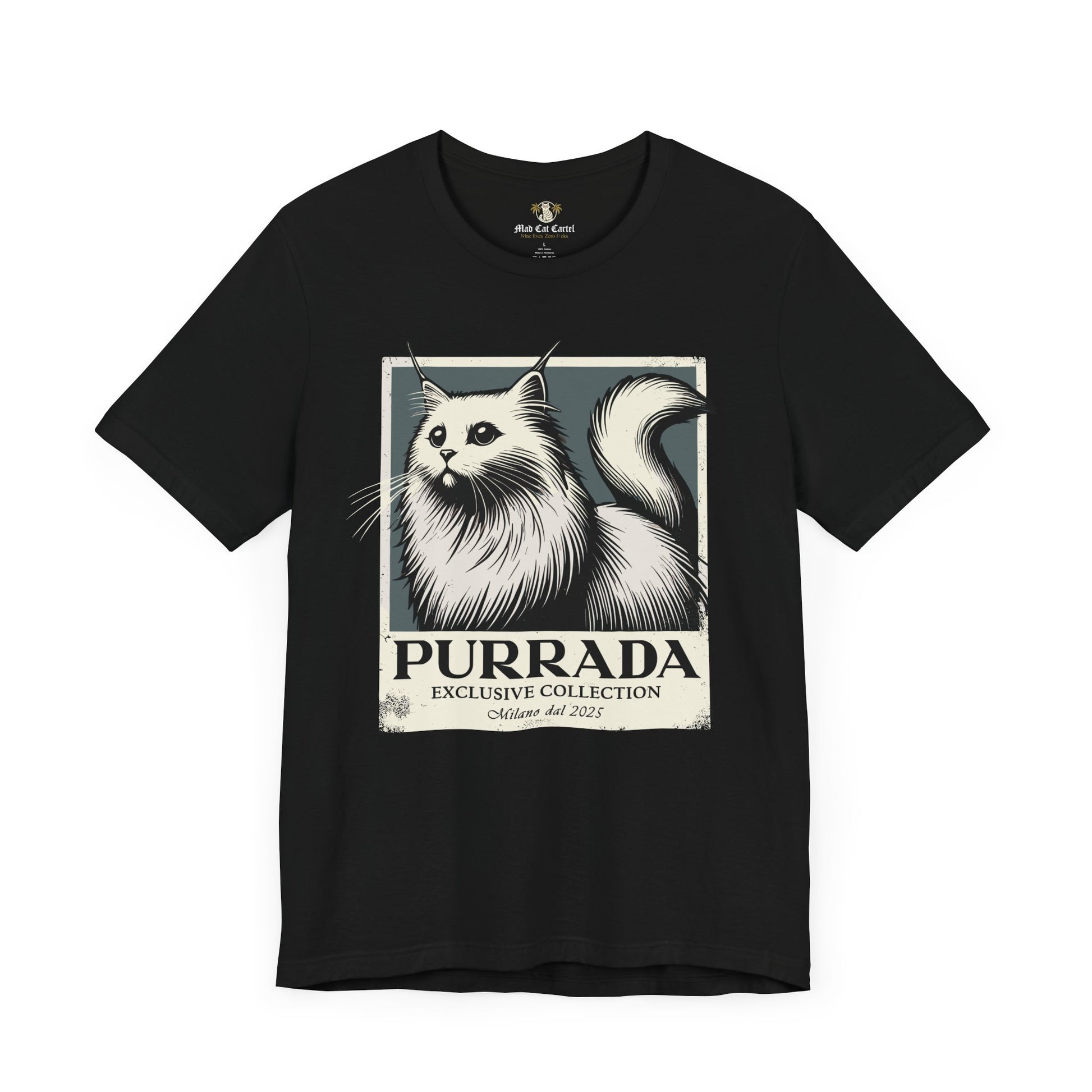 Black Purrada Exclusive Milano Cat Graphic T Shirt, shirts with cats on them unisex