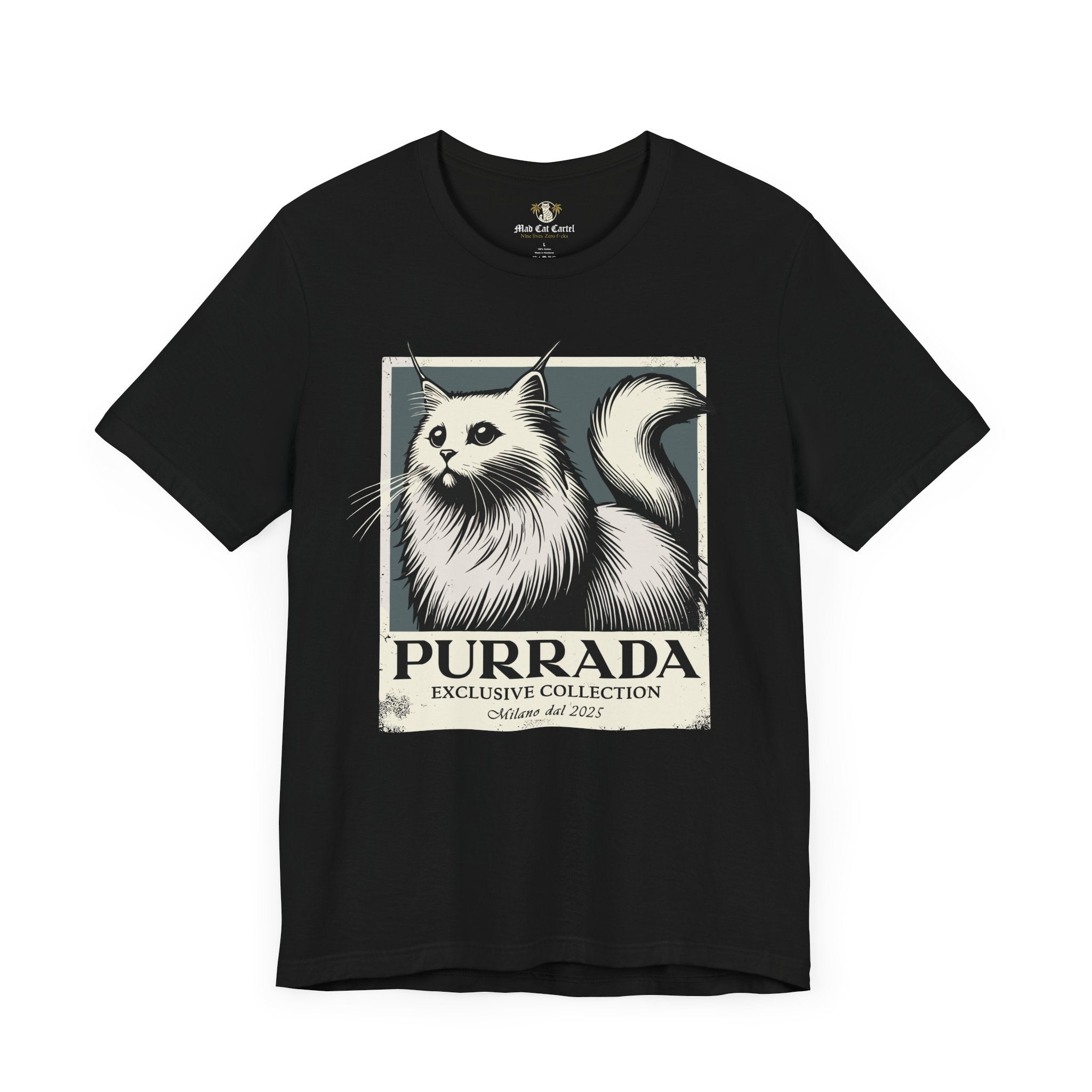 Black Purrada Exclusive Milano Cat Graphic T Shirt, shirts with cats on them unisex