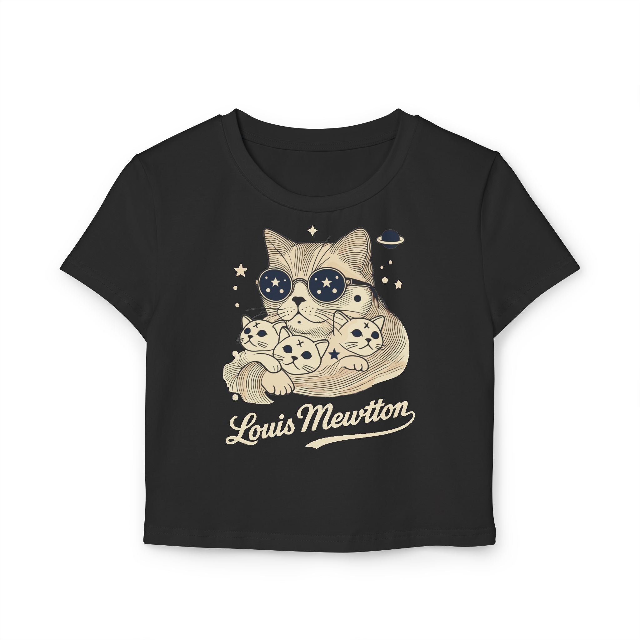 Louis Mewtton Galactic Fam Cat Graphic Women's Baby Tee black baby tee flat front view