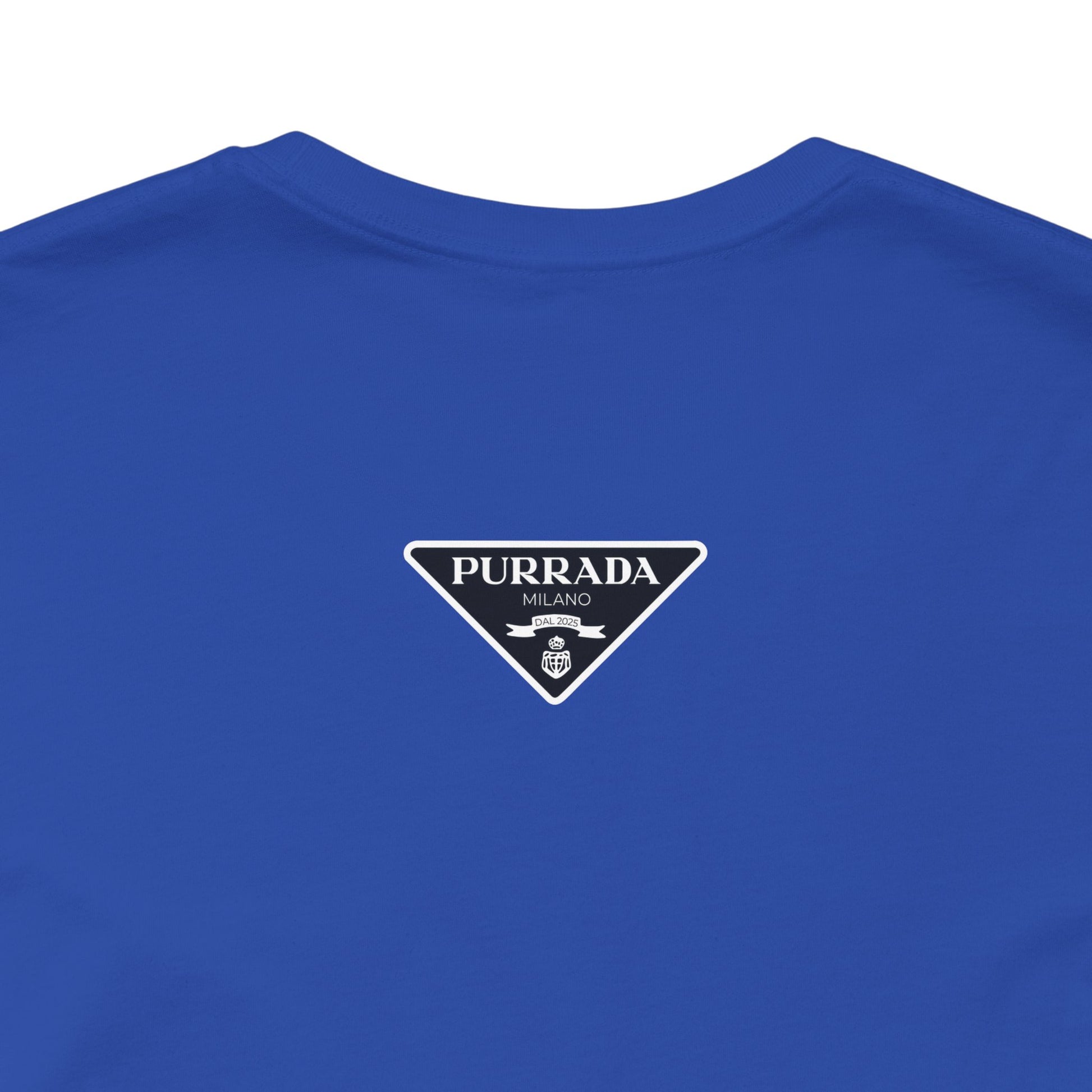 Back view of true royal blue Purrada Exclusive Milano Cat Graphic T Shirt, cat lover shirt unisex