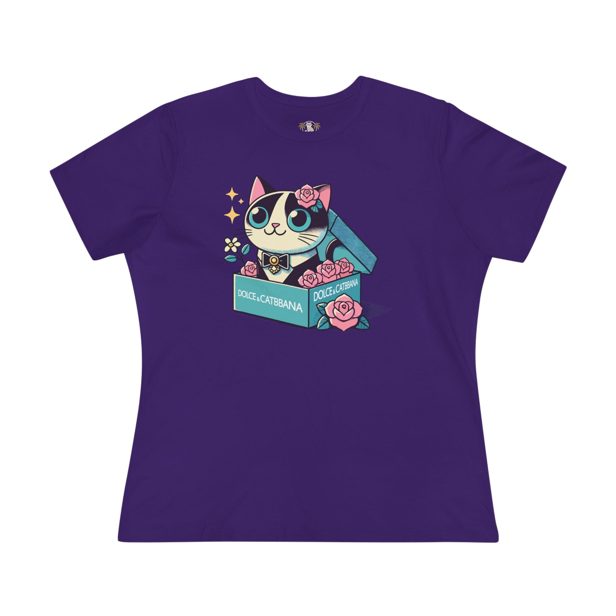 Dolce & Catbana Rose Box Women’s Cat Graphic T Shirt in team purple flat lay front view