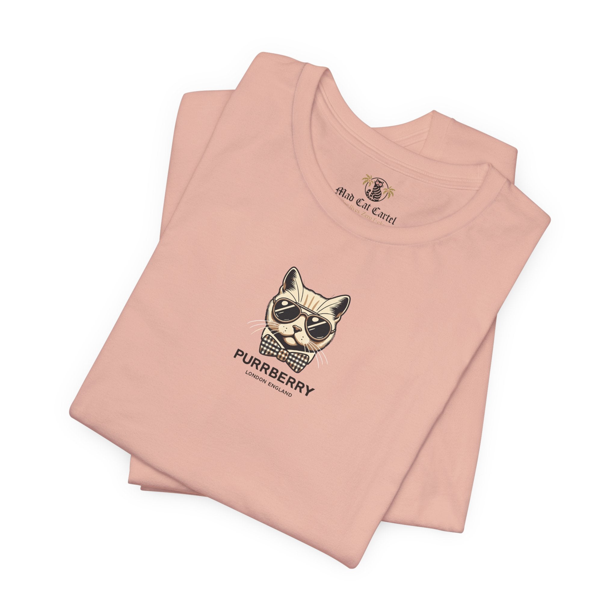 folded purrberry london mini crest cat graphic t shirt peach cat t shirts for women