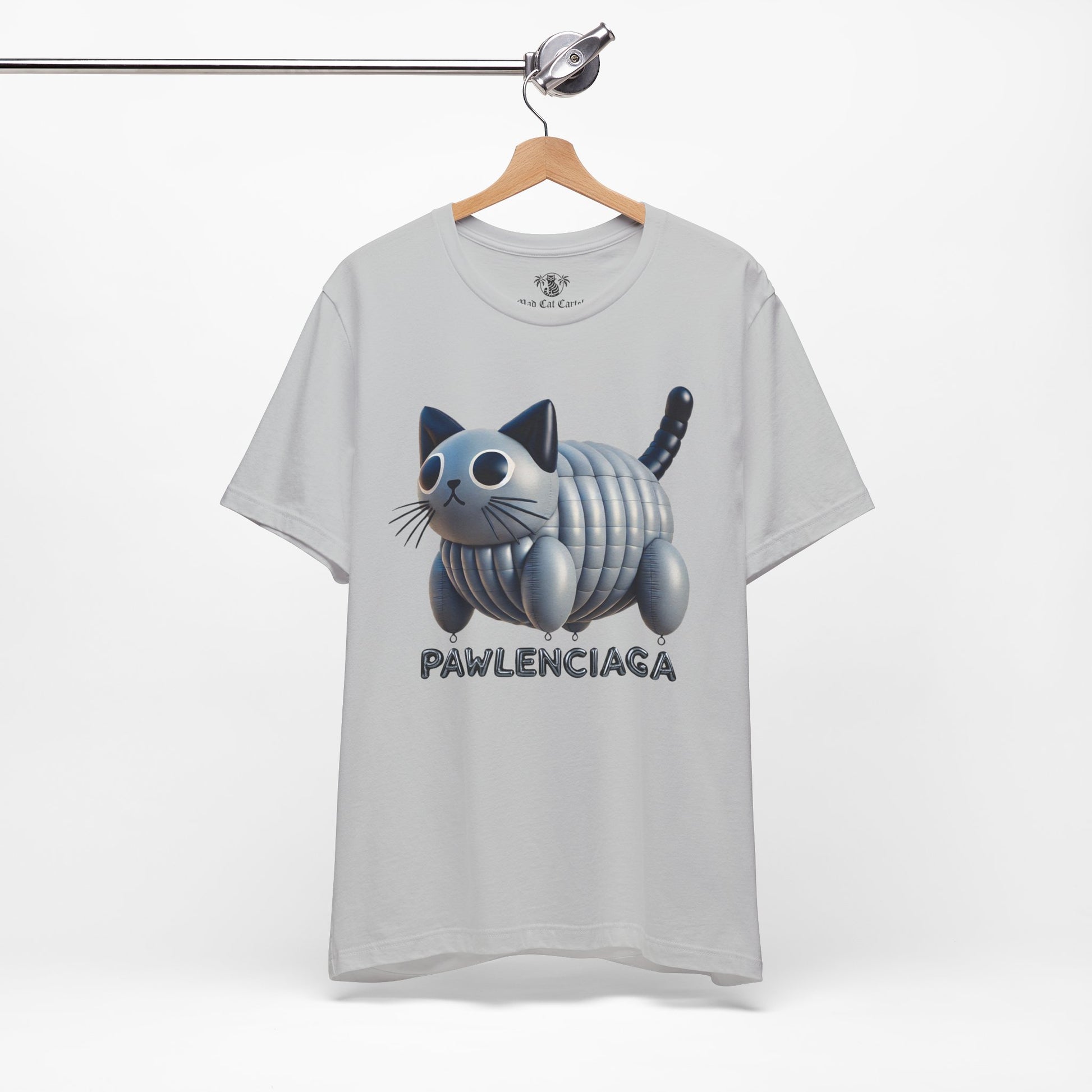 Gray Pawlenciaga Cat Balloon Graphic T Shirt on hanger funny cat t shirts for guys