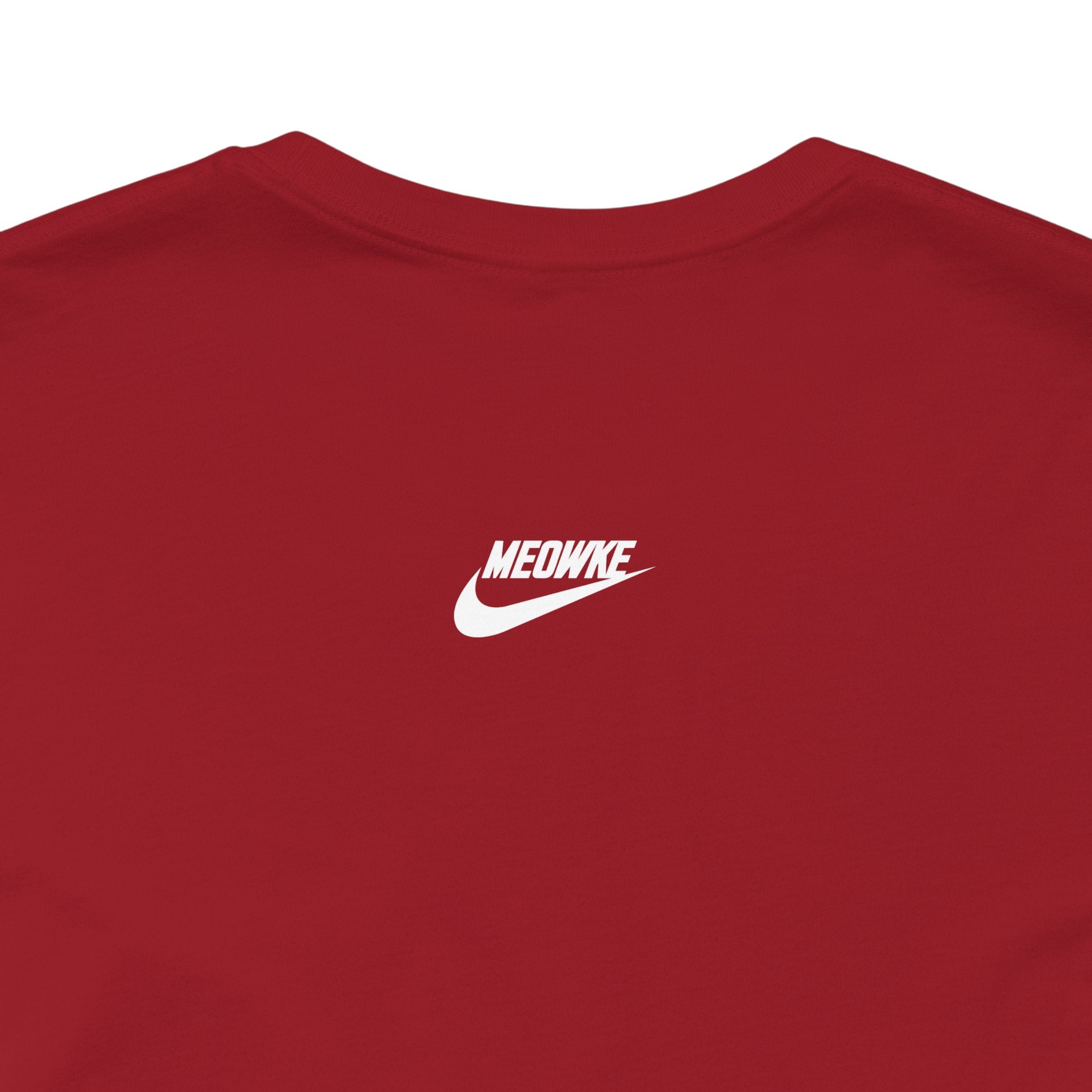 Funny cat shirt for men – canvas red unisex tee, back detail view, Meowke Swoosh logo white