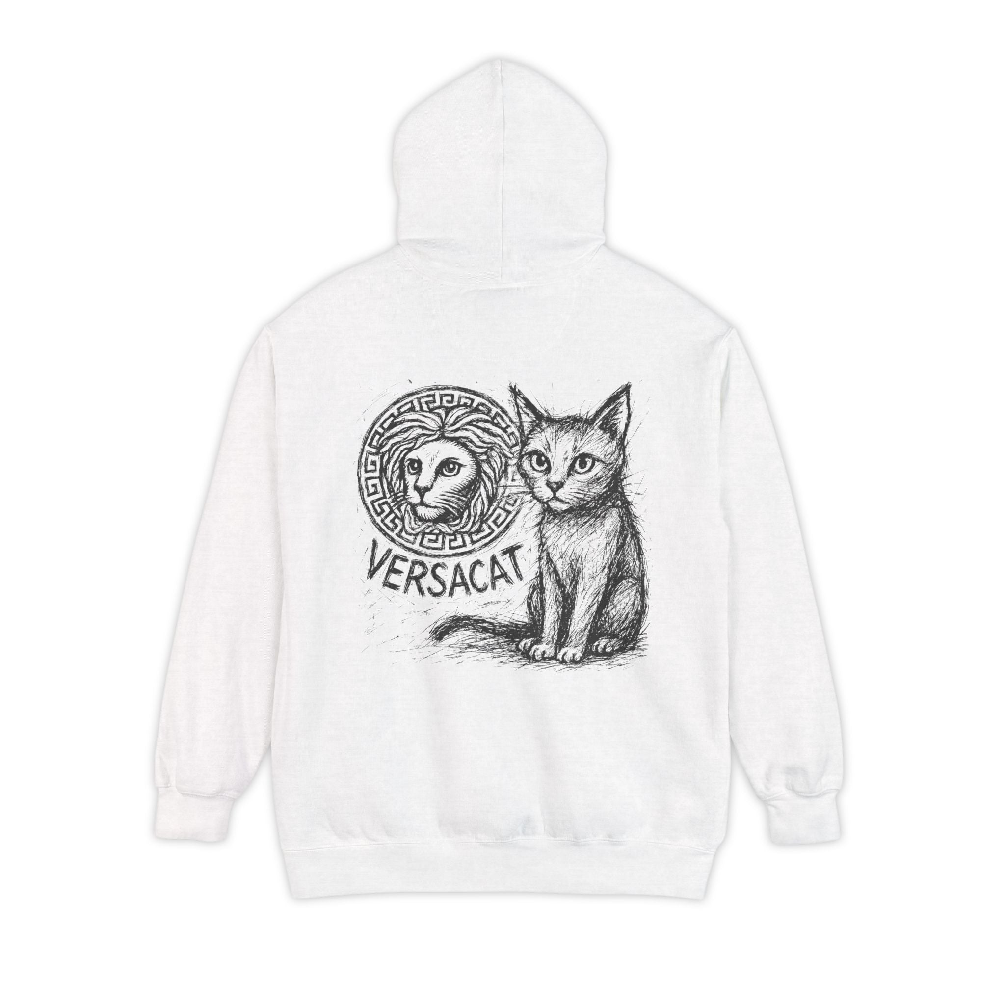 Back view of White Versacat Sketch Logo Cat Graphic Hoodie with sketch cat emblem artistic clothes for cat lovers
