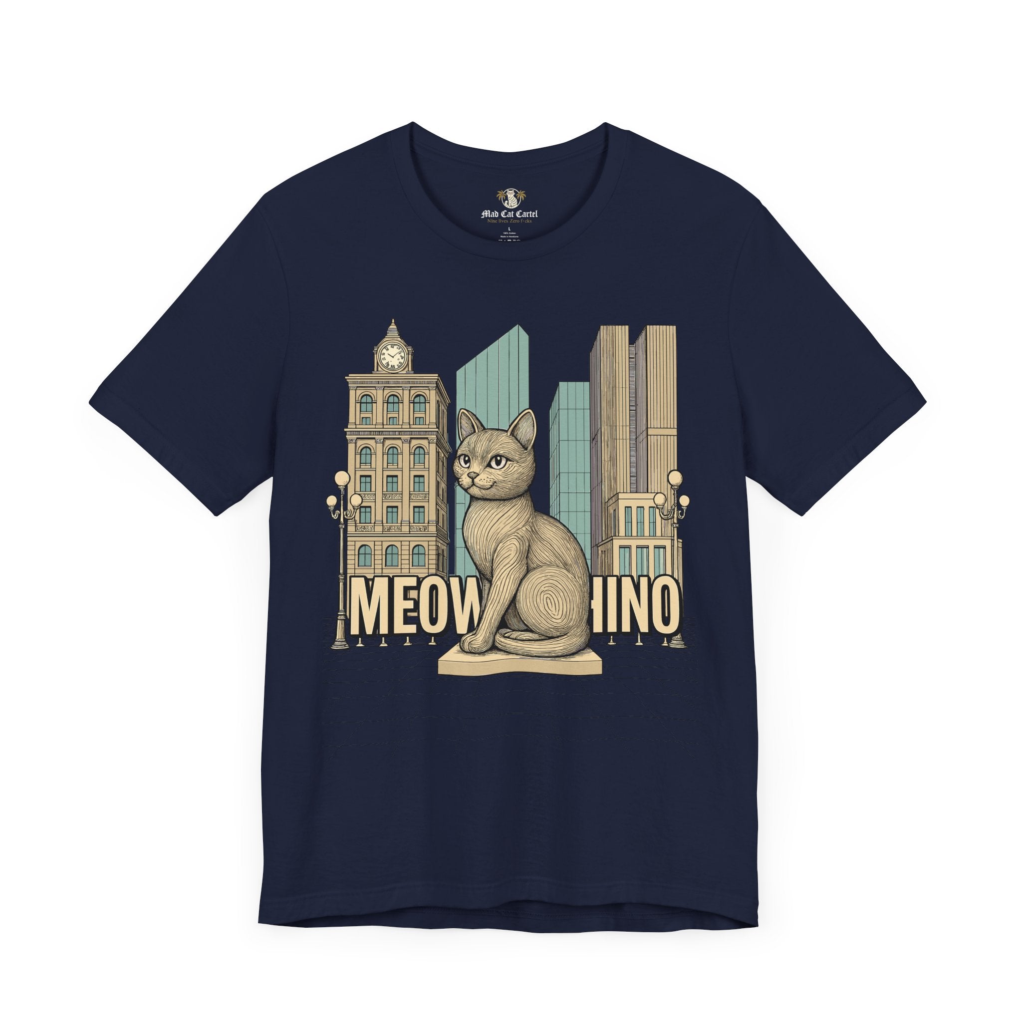 Tee shirts with cats – navy unisex tee, front view, Meowschino city cat statue print