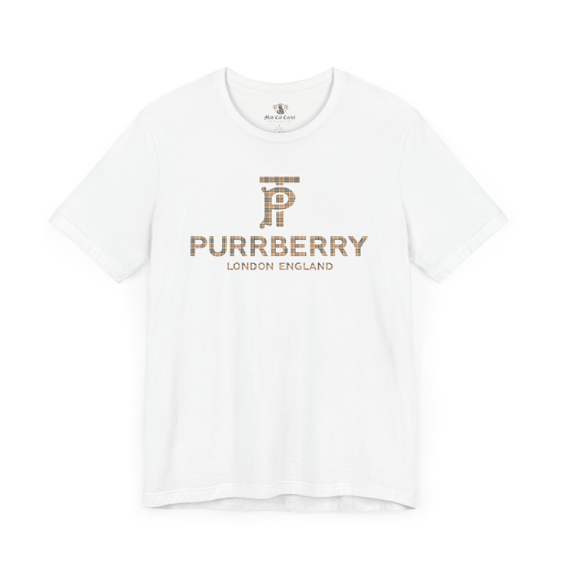 purrberry london coat club cat graphic t shirt white front view cat lover t shirts