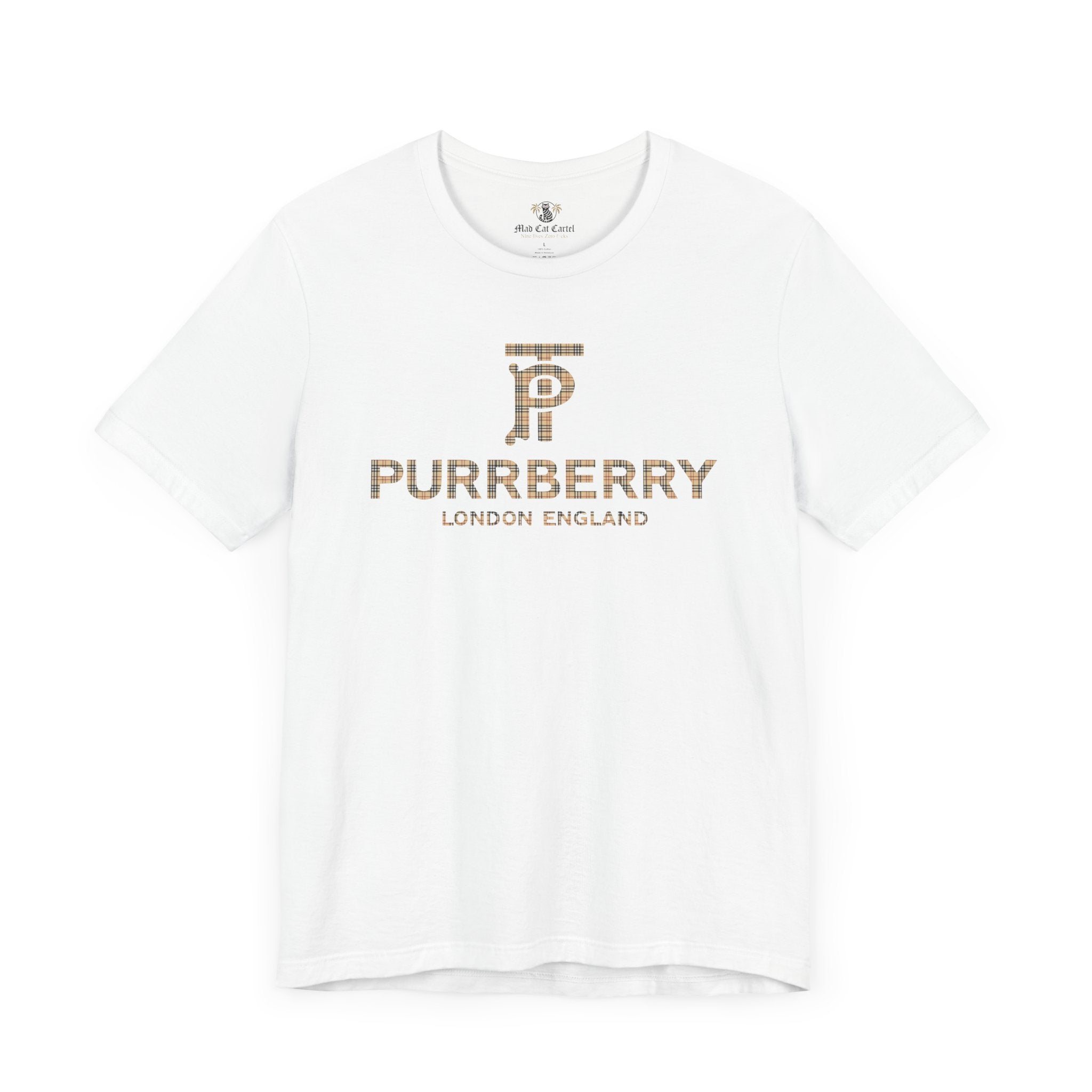 purrberry london coat club cat graphic t shirt white front view cat lover t shirts