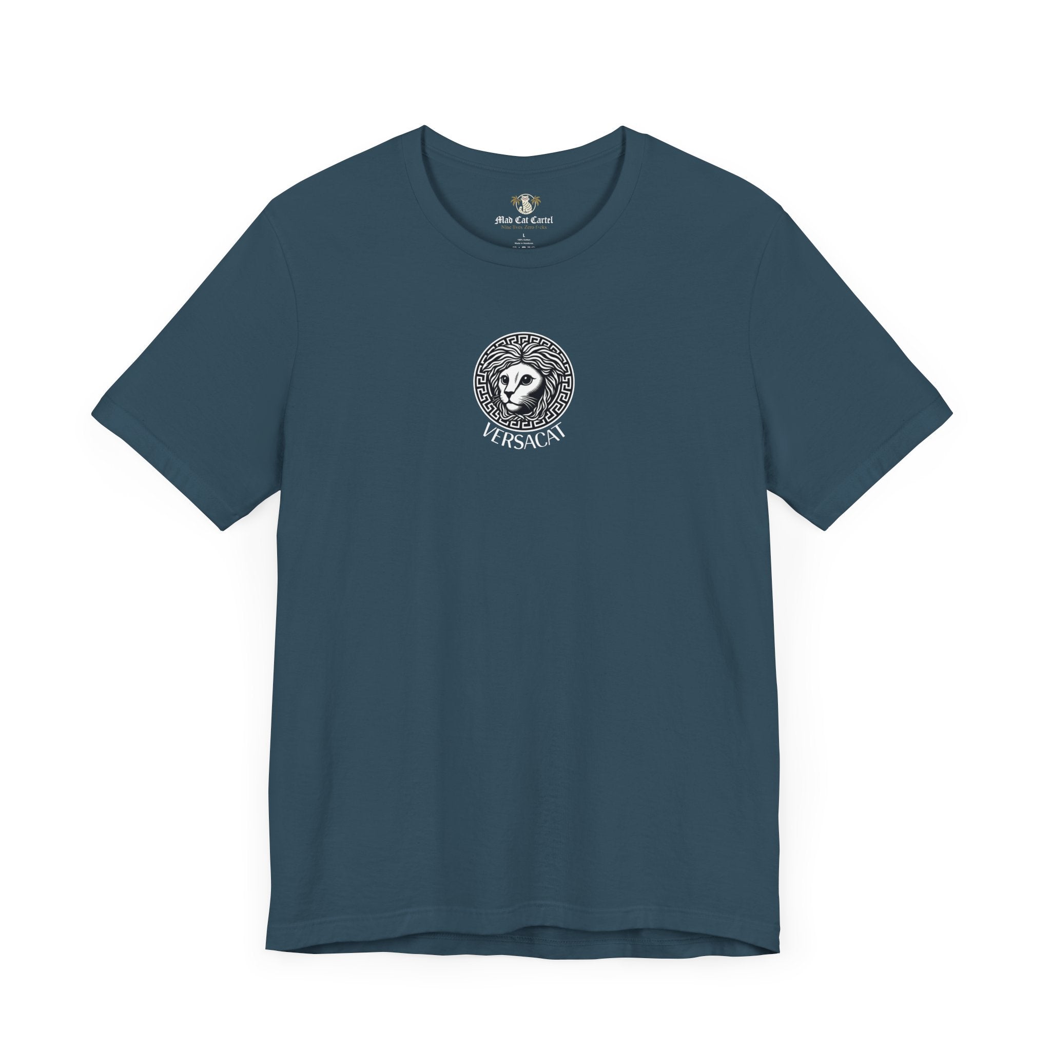 Deep teal Versacat Imperial Emblem graphic cat lover t shirt – cool cat shirt and gift ideas for cat owners