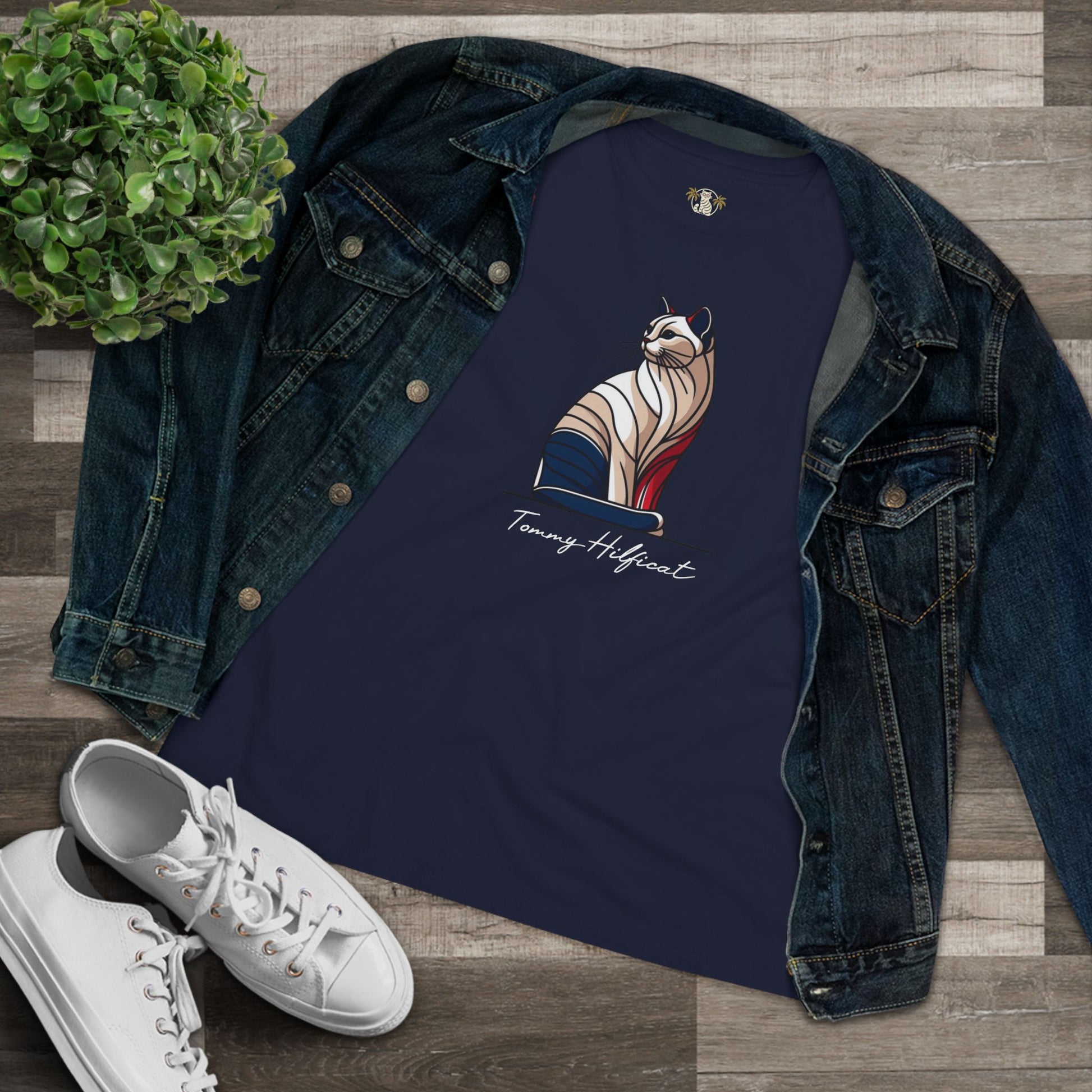 flat lay Tommy Hilficat Sitting Icon T Shirt in Navy Blue with denim, cat tee shirts