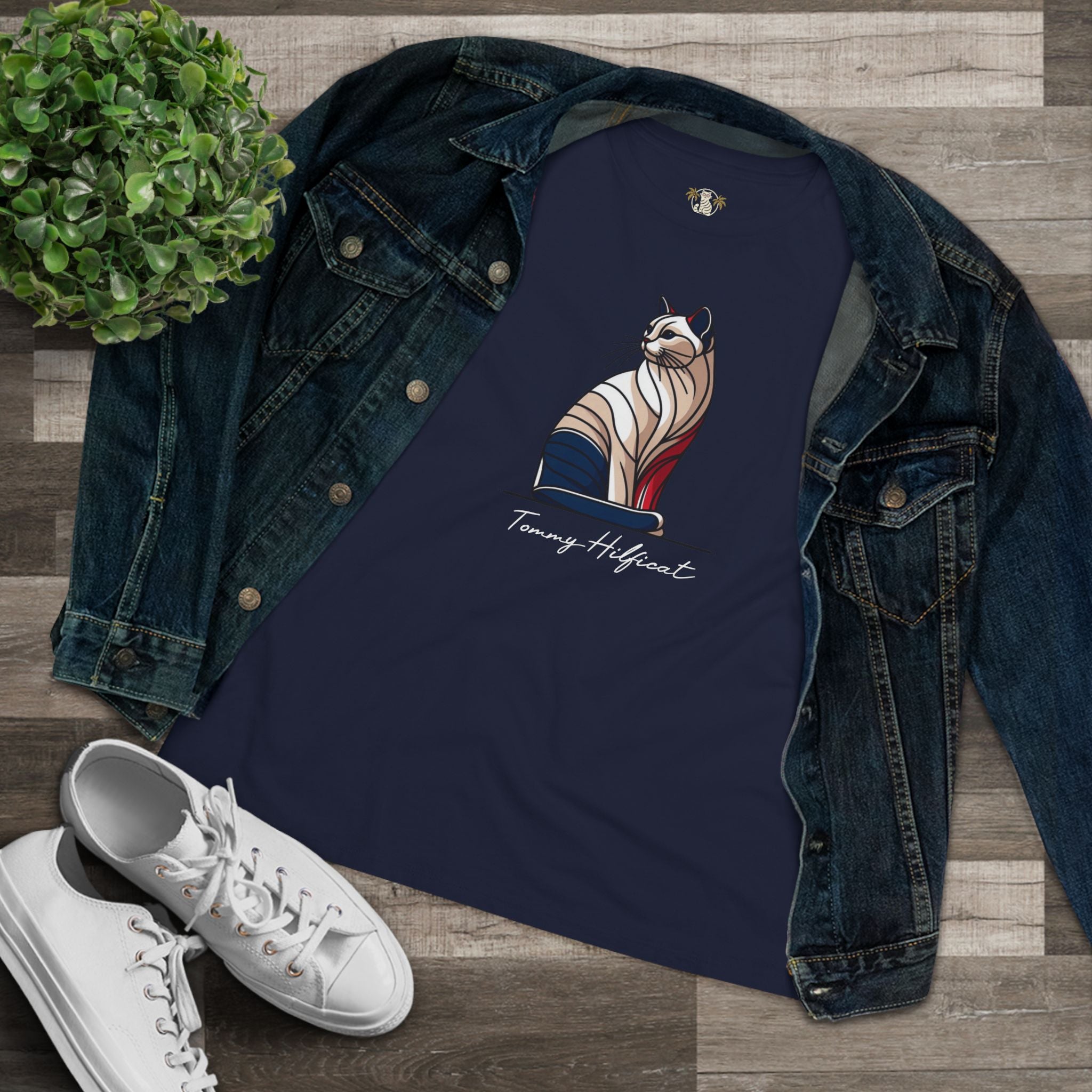 flat lay Tommy Hilficat Sitting Icon T Shirt in Navy Blue with denim, cat tee shirts