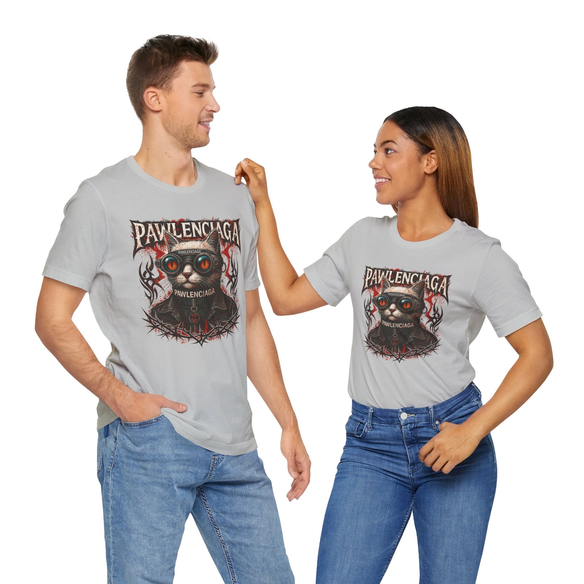 Couple wearing Pawlenciaga Apocalypse Cat Graphic T Shirts in Solid Athletic Grey and Vintage White, front view, cat themed shirts, cool mens t shirts, shirts for cat lovers