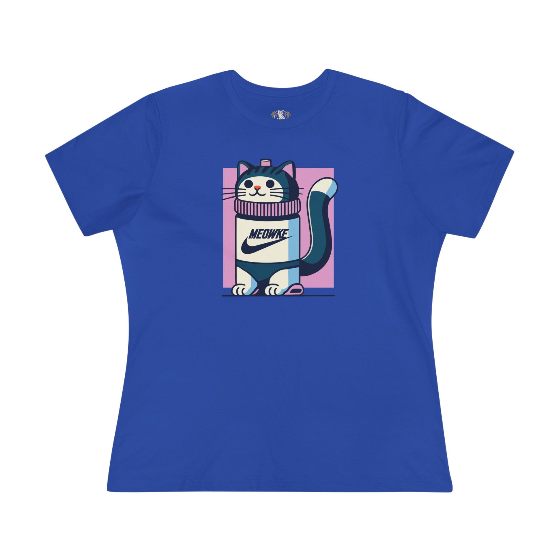 Front view Meowke Cat Bottle Graphic Women's T Shirt in blue – cat tee shirts women's