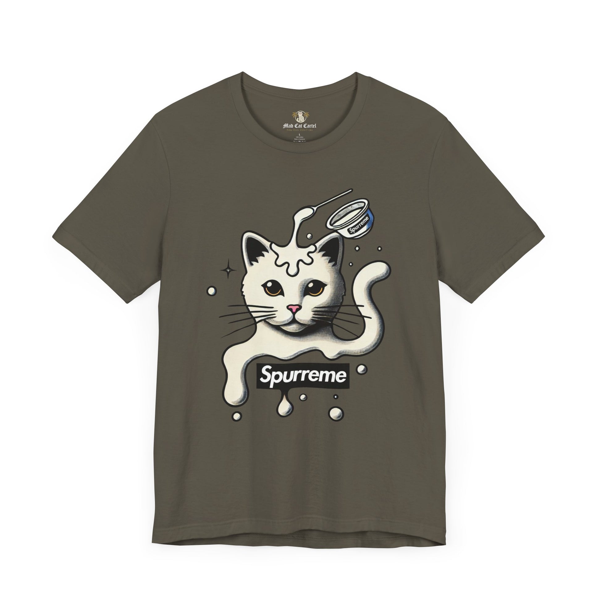 Army Spurreme Milky Mischief Cat Graphic t shirt front view – cat print tee shirts