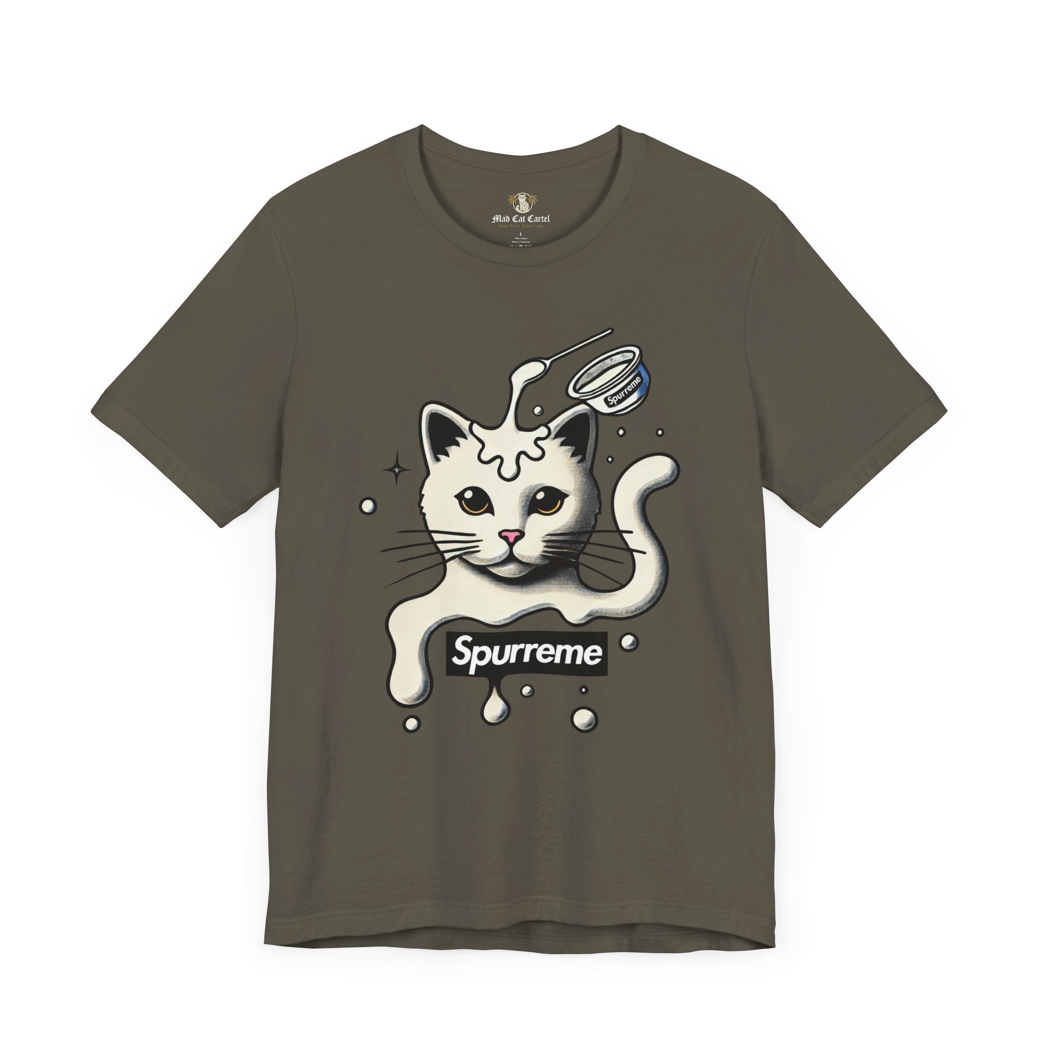 Army Spurreme Milky Mischief Cat Graphic t shirt front view – cat print tee shirts