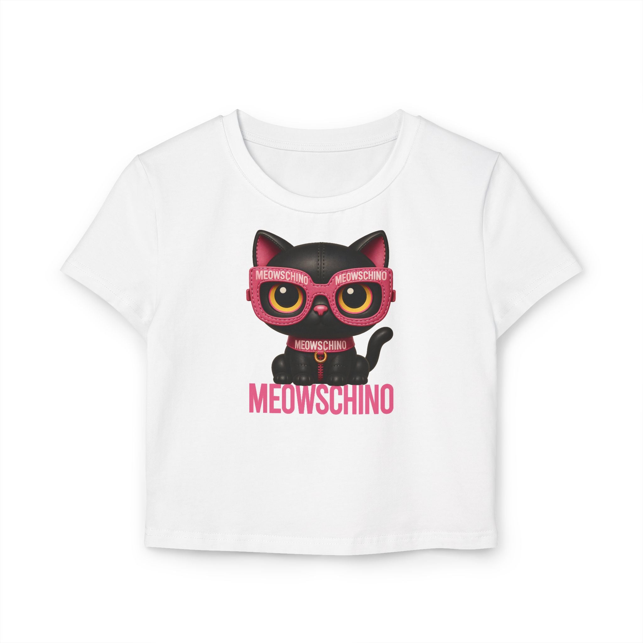 Meowschino Pink Leather Cat Graphic Women's Baby Tee, white baby tee front view graphic baby tee