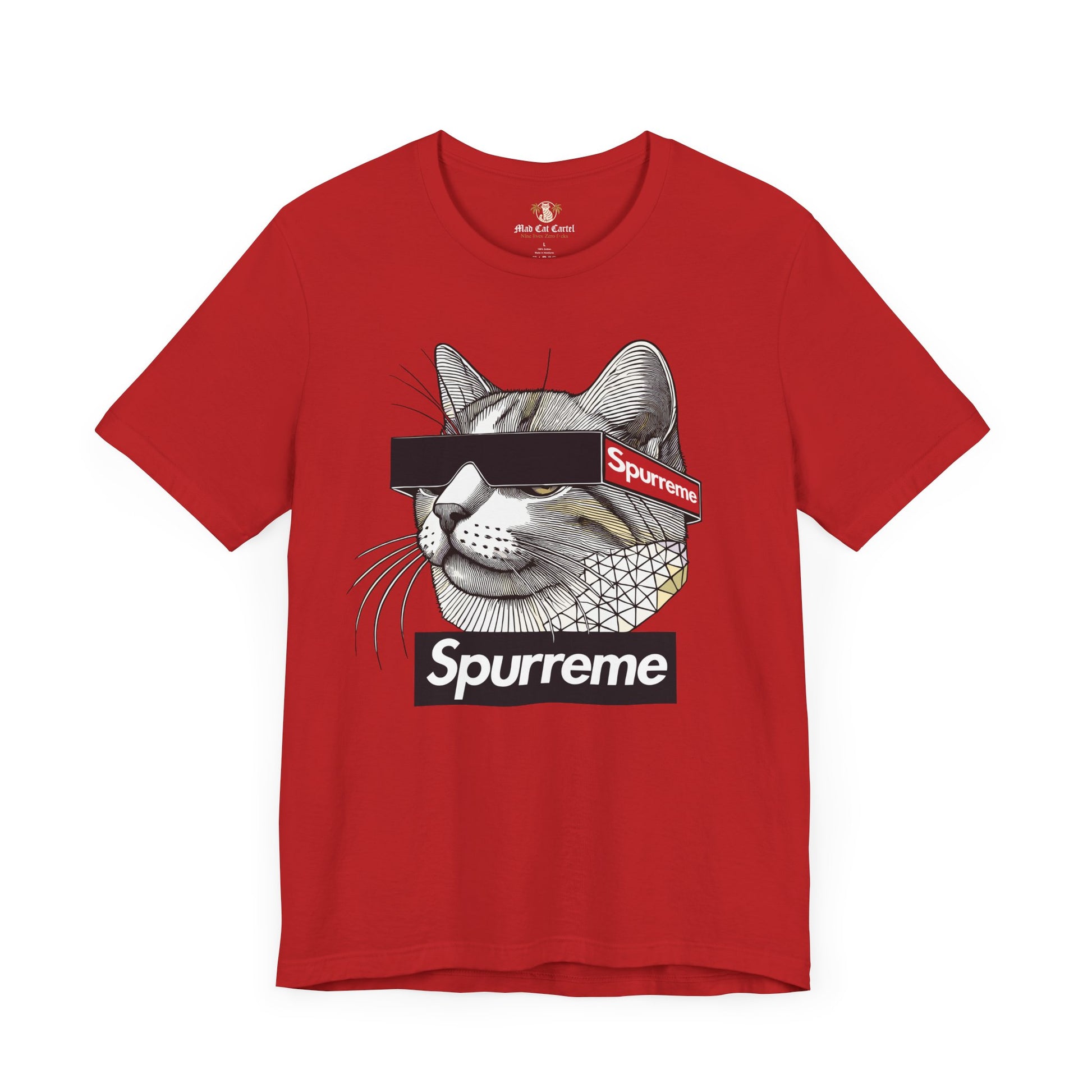 Spurreme Triangular Vision Cat Graphic T Shirt in Red front view, cat mens t shirt