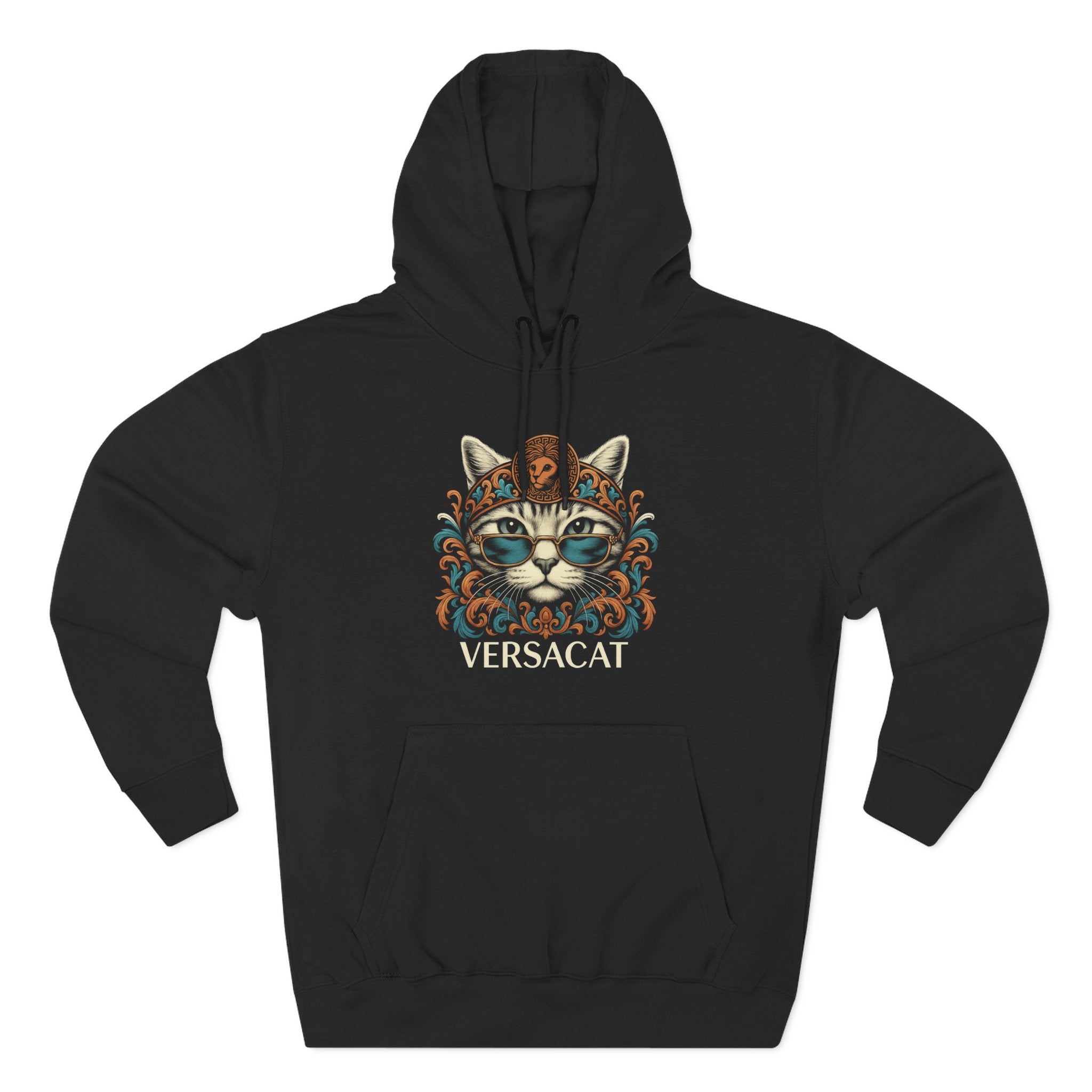 Versacat Baroque Bloom Graphic Hoodie for Cat Lovers in Black color stylish cat themed hoodie for humans