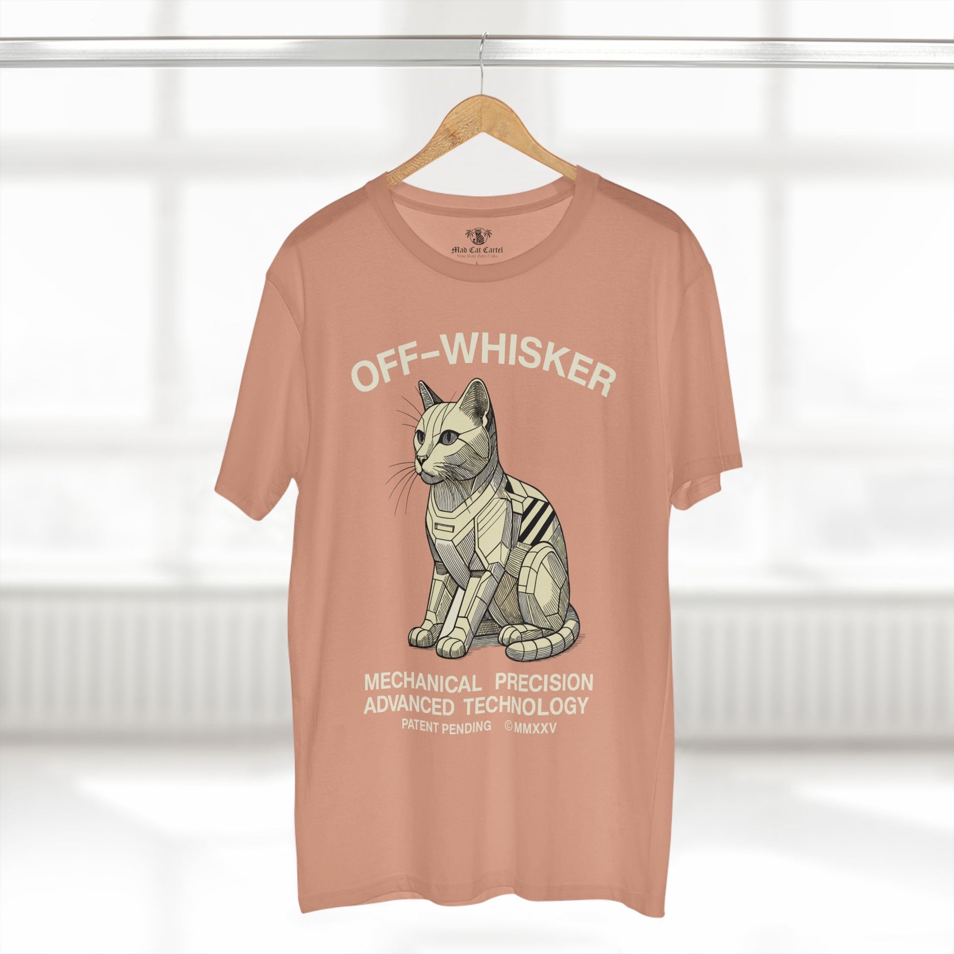 Pale pink Off-Whisker Gen-01 Mech Cat t-shirt on hanger – casual shirts for cat lovers