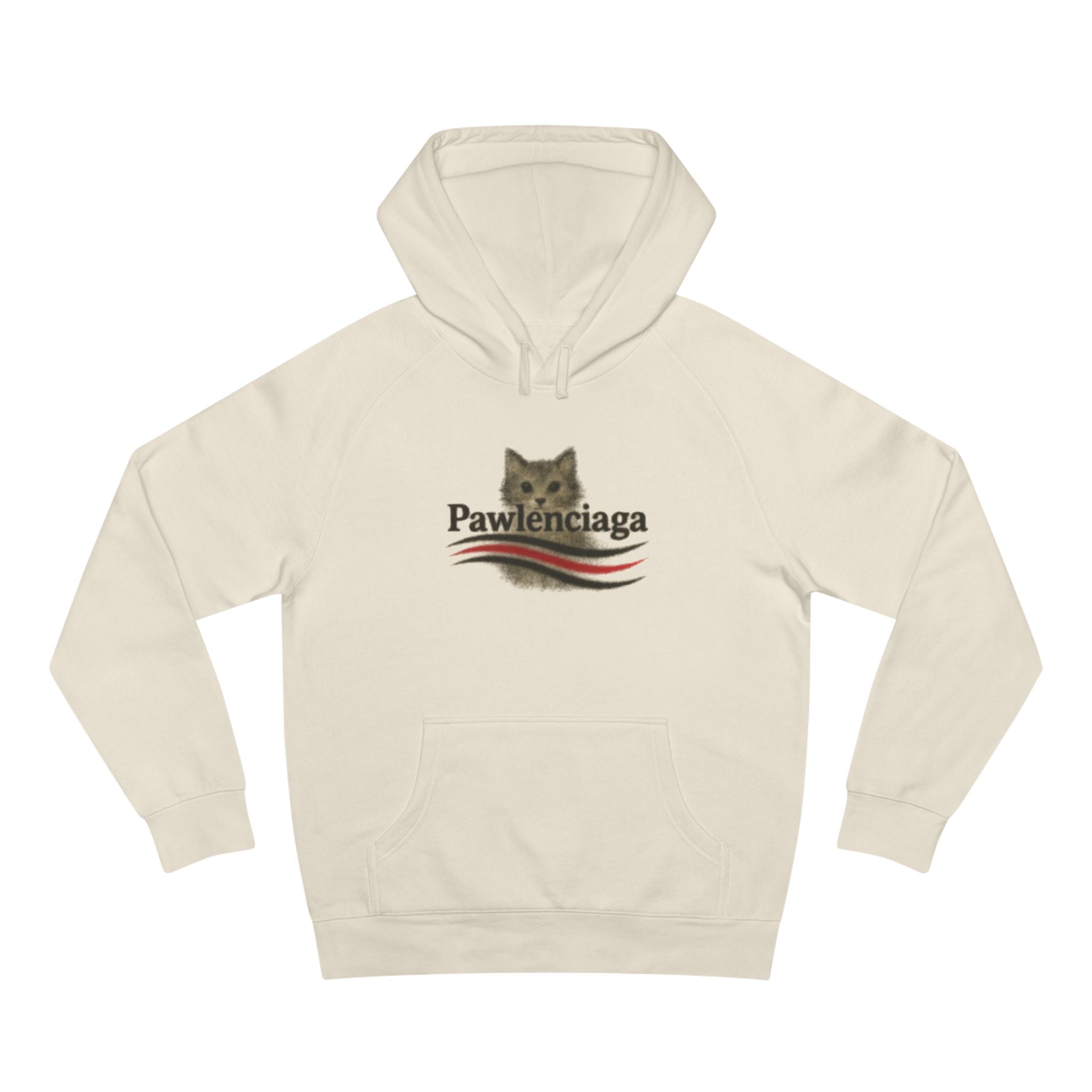 Pawlenciaga Airbrush Cat Logo Ecru Hoodie flat lay, gifts for cat lovers