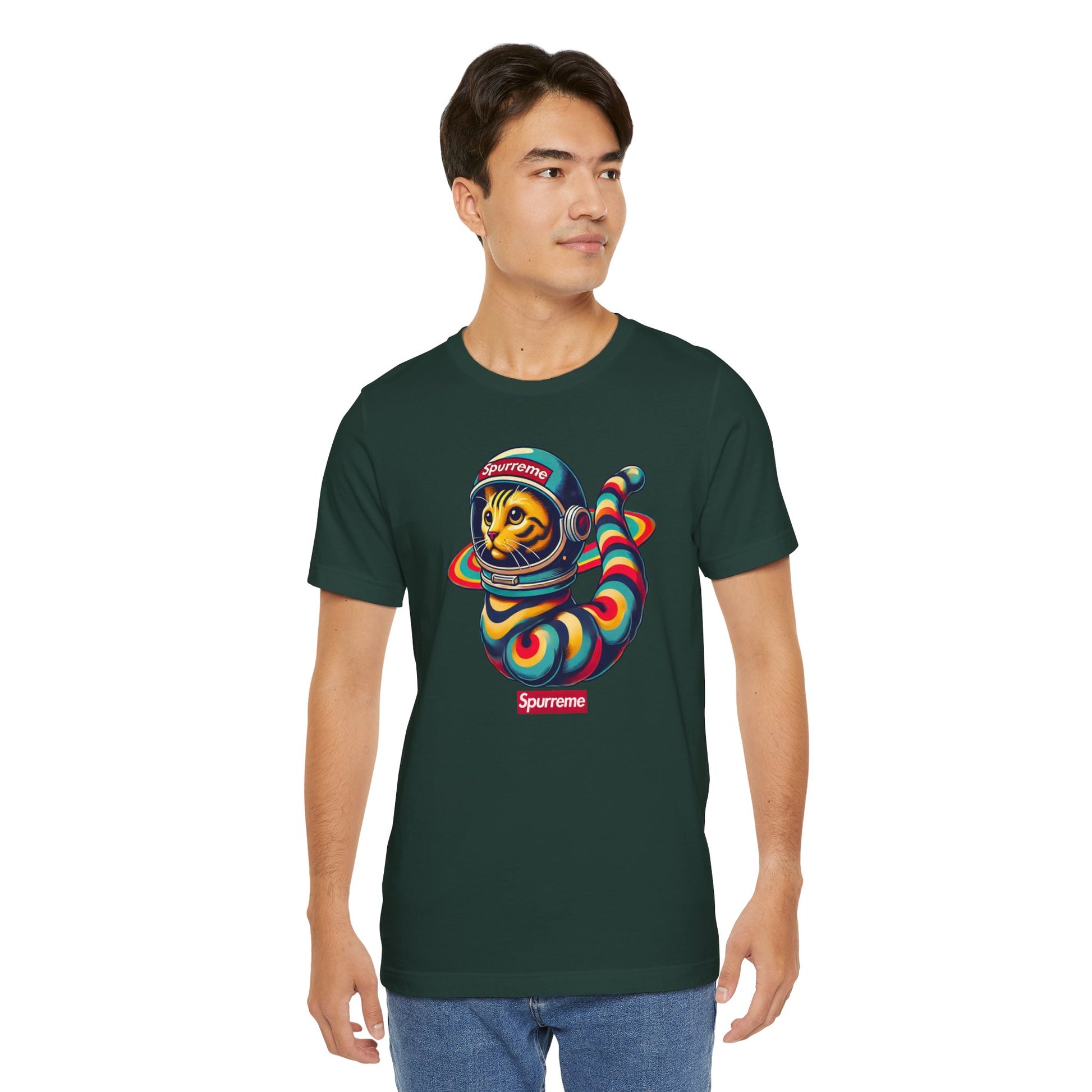 Forest green t shirt on male model, funny cat shirts for men