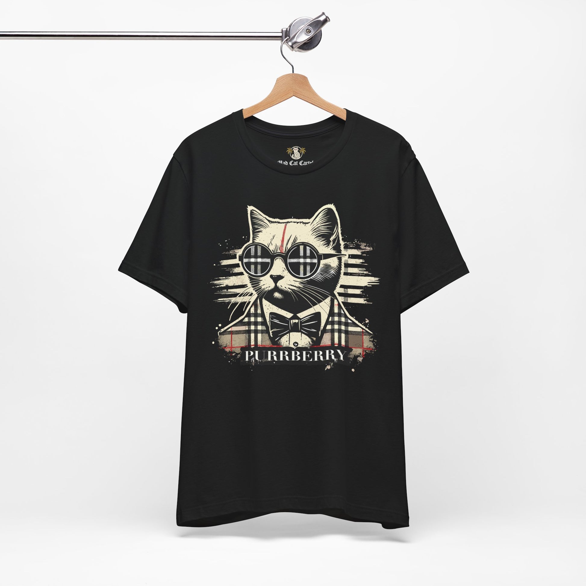 hanging purrberry the plaid cat black t-shirt mens cat tee shirts