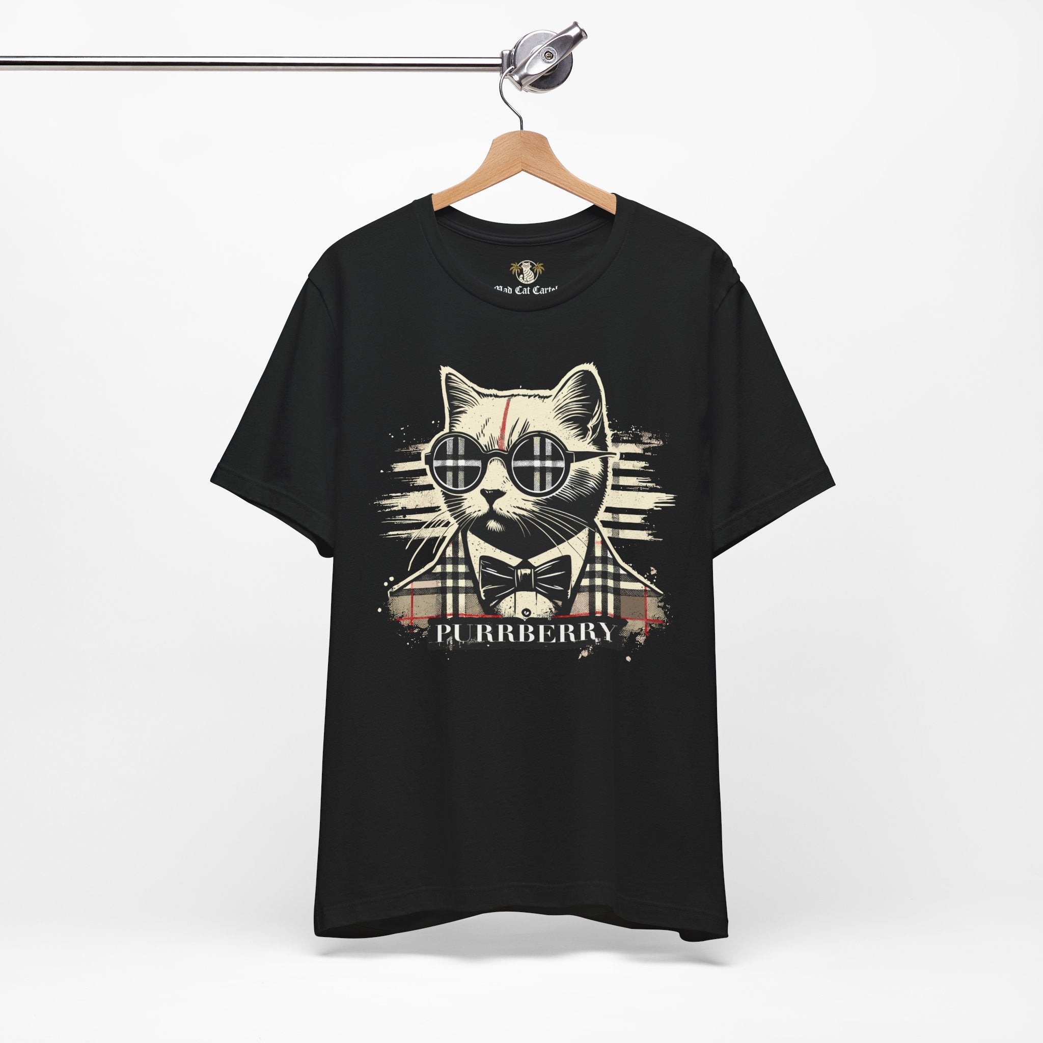 hanging purrberry the plaid cat black t-shirt mens cat tee shirts