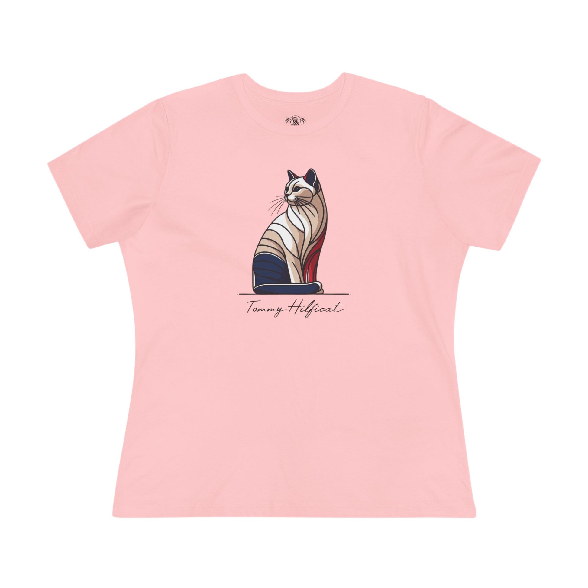 front view Tommy Hilficat Sitting Icon T Shirt in Pink, funny graphic t shirts for women
