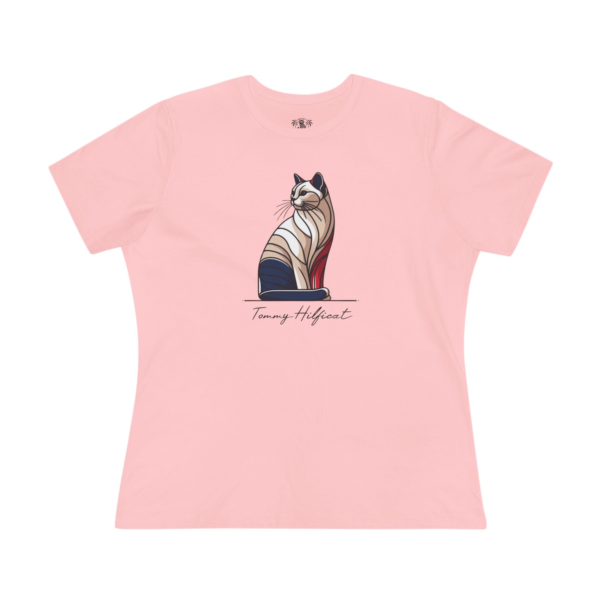 front view Tommy Hilficat Sitting Icon T Shirt in Pink, funny graphic t shirts for women